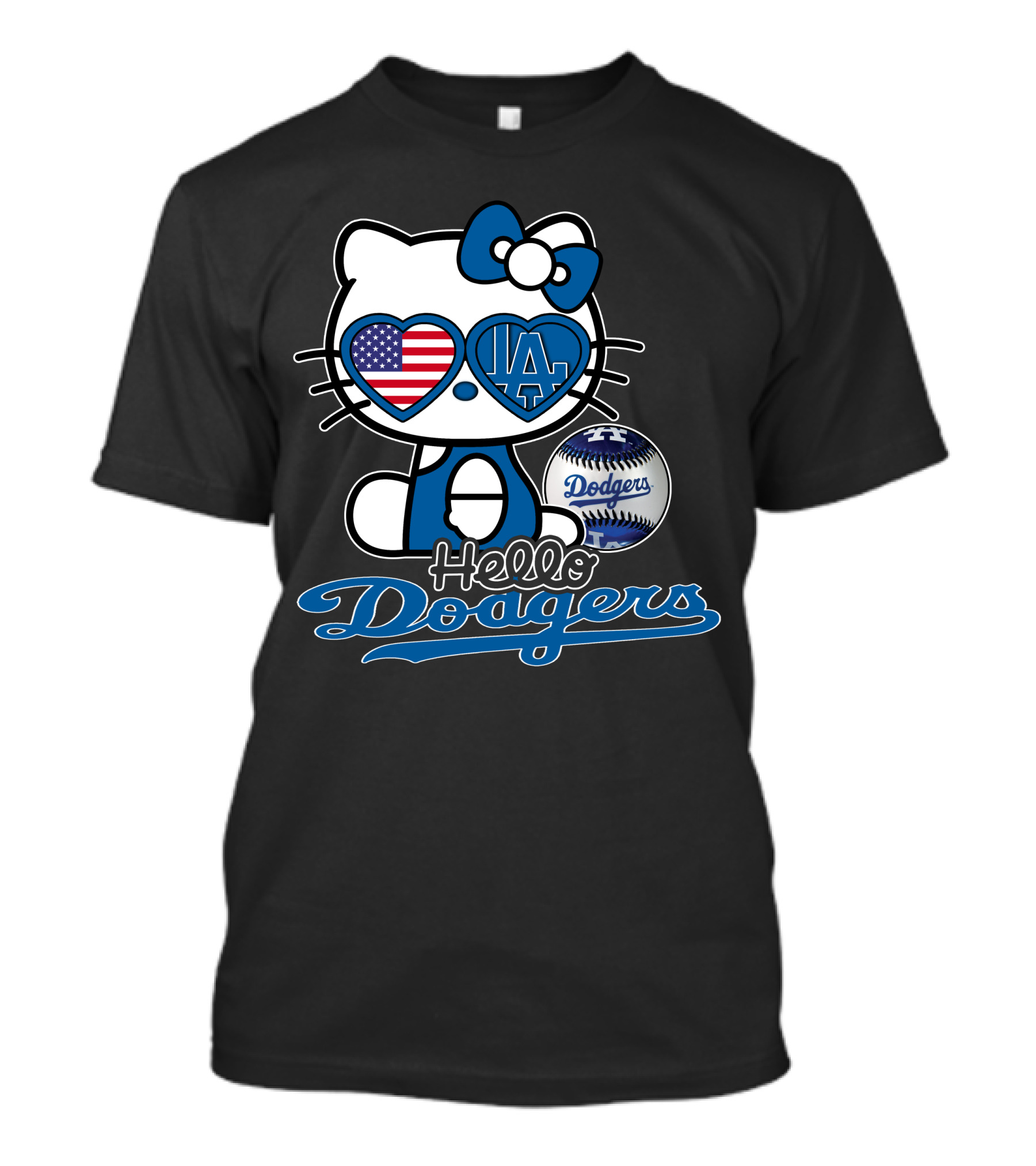 Hello Kitty Dodgers Los Angeles Baseball Heart USA Flag T-Shirt