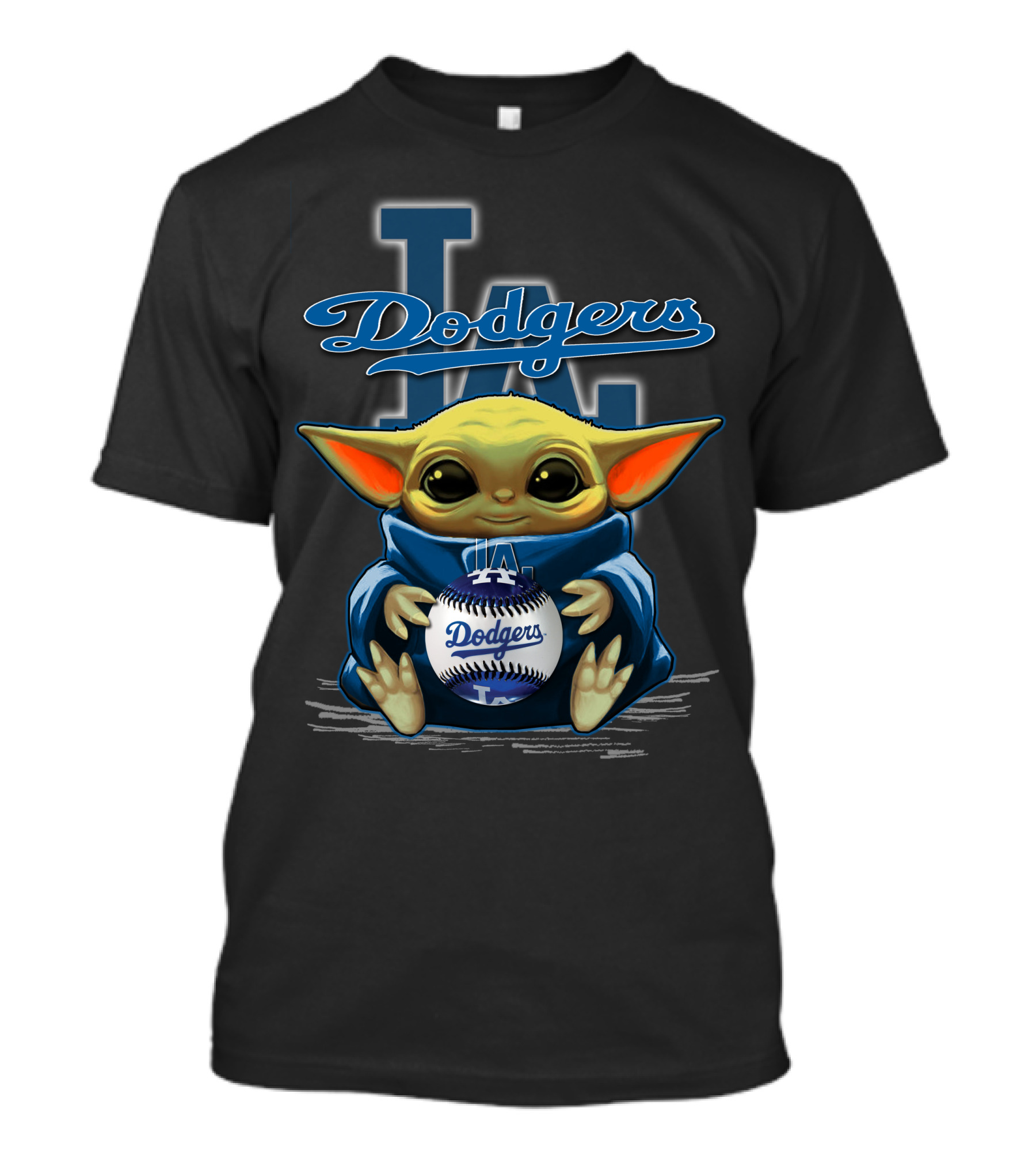 Yoda Holding Dodgers Baseball With Los Angeles Dodgers Logo Background T-Shirt