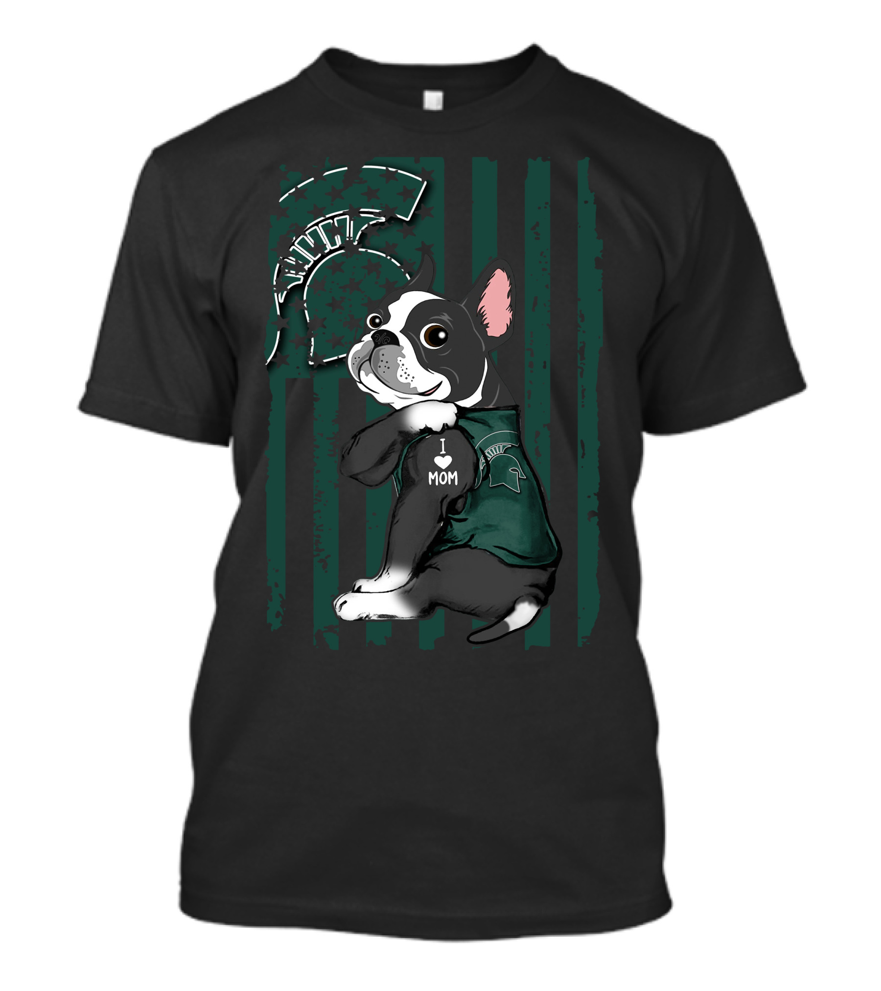 Boston Terrier I Love Mom Michigan State Spartans Paw Prints T-Shirt