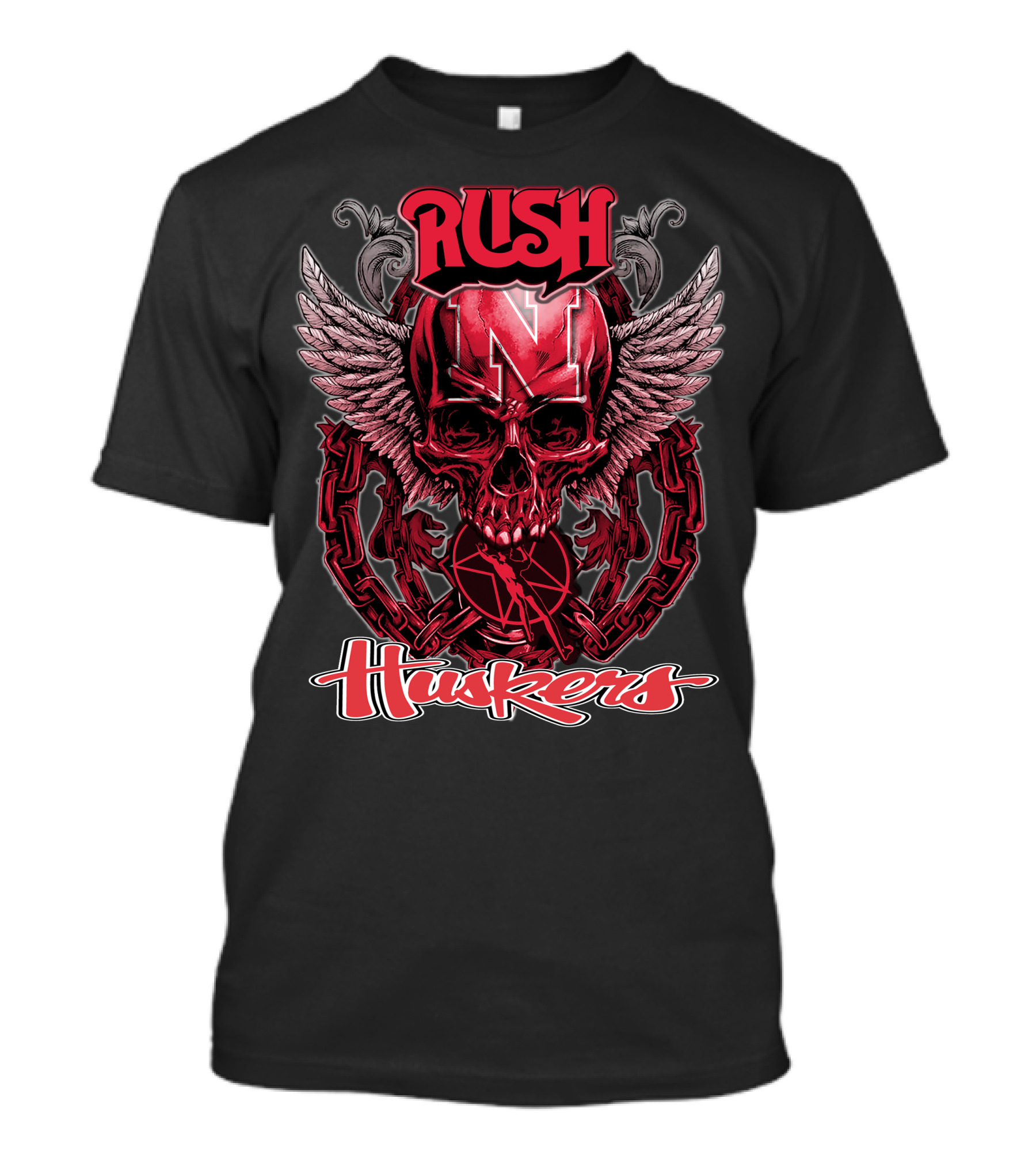 RUSH Nebraska Huskers Winged Skull Chain T-Shirt