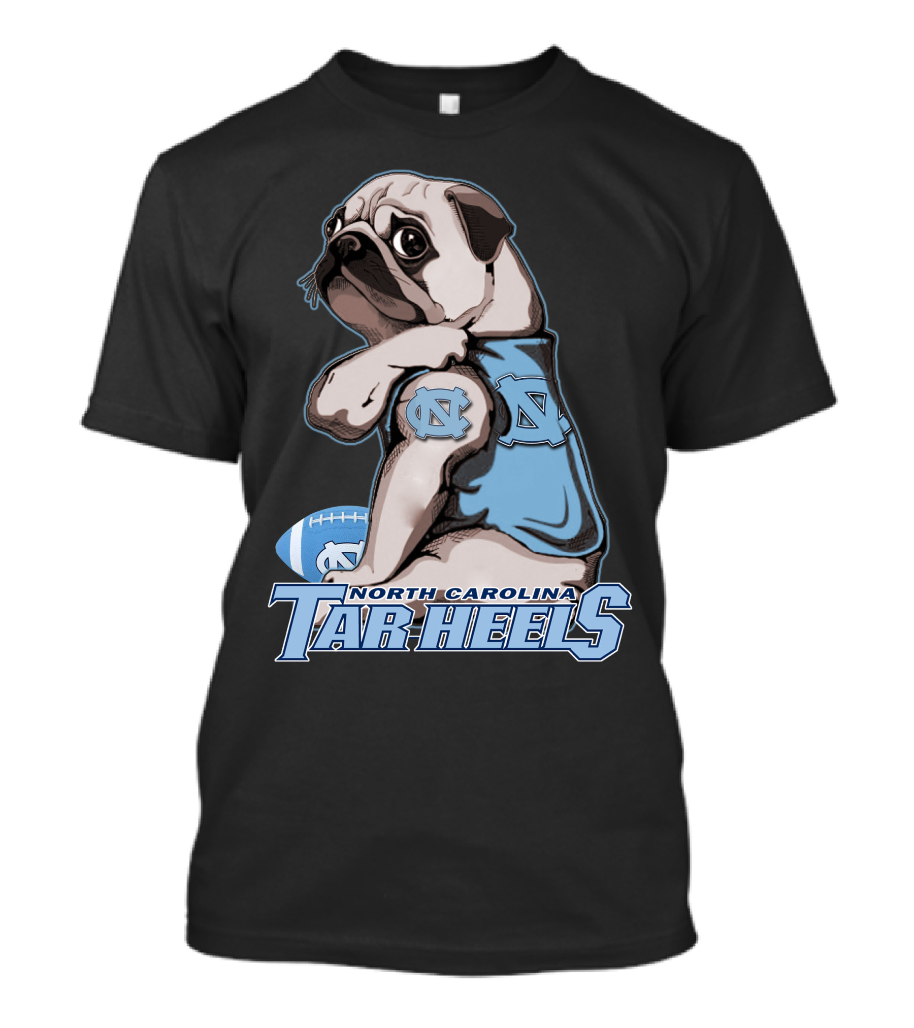 Pug Wearing North Carolina Tar Heels Sports Jersey With Football T-Shirt