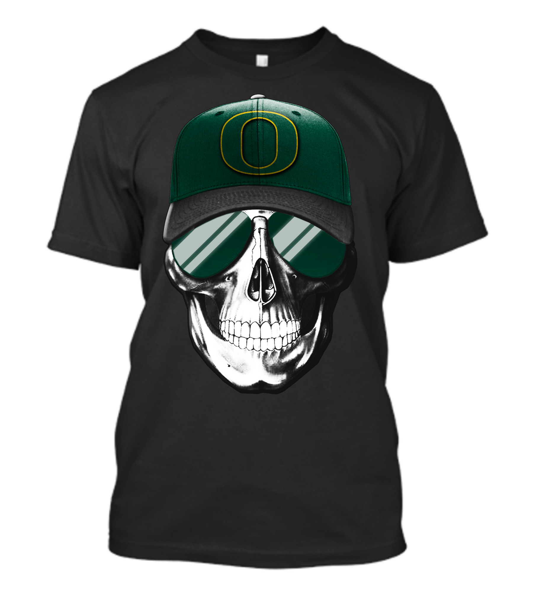Oregon Ducks Skull With Green Hat And Reflective Glasses T-Shirt