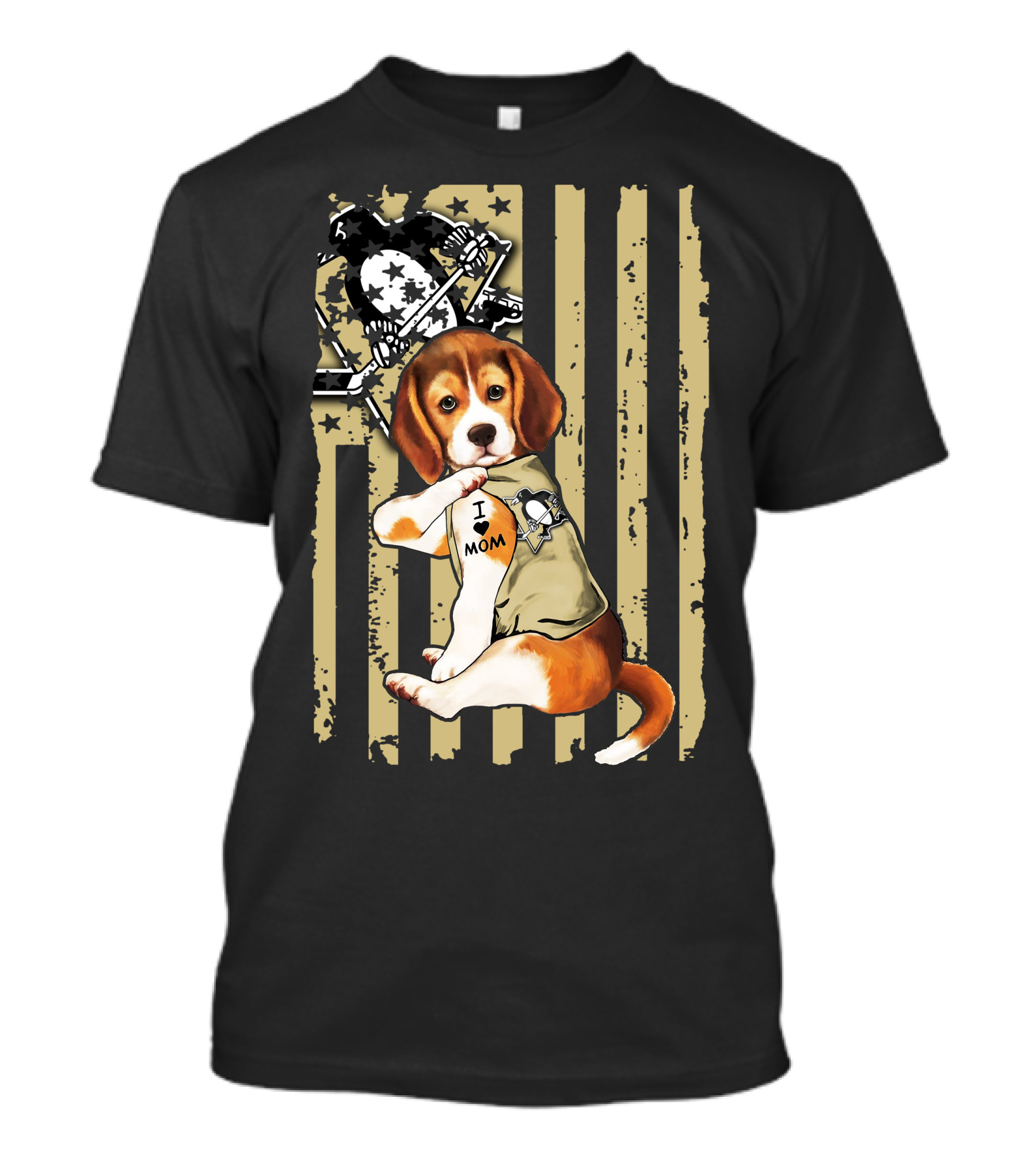 Beagle I Love Mom Pittsburgh Penguins American Flag T-Shirt