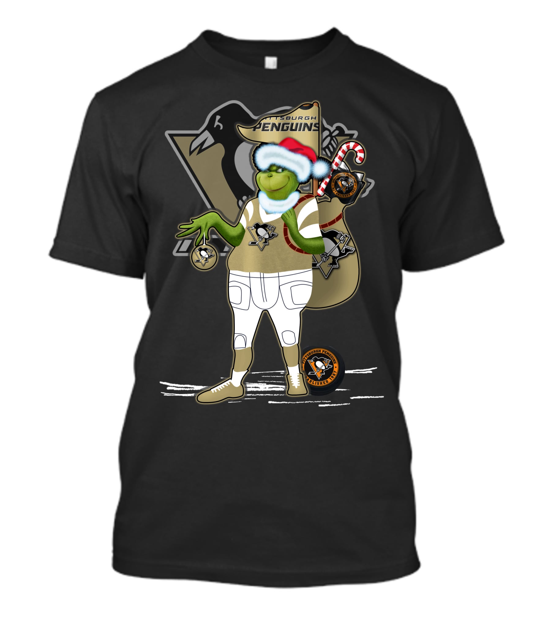 Grinchxmas Pittsburgh Penguins Holiday Mashup With Logo And Santa Hat T-Shirt