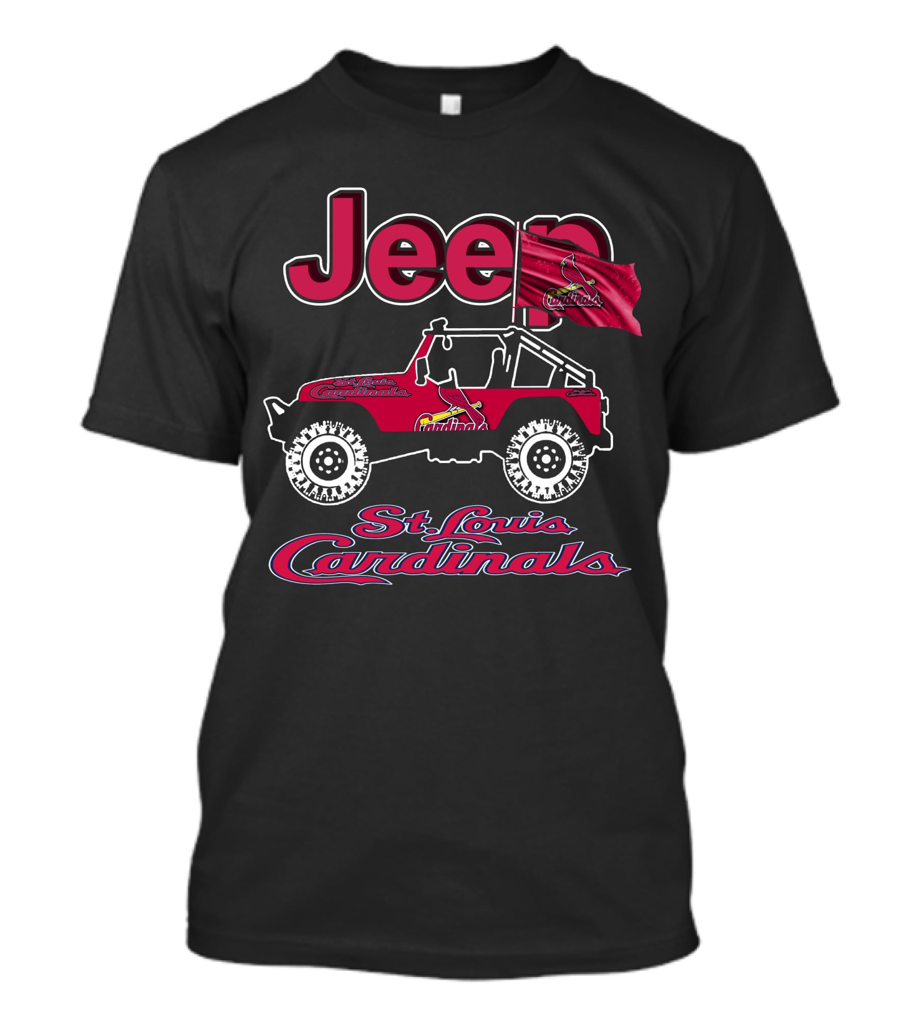 Jeep St. Louis Cardinals Logo With Red Off-Road Vehicle And Flag T-Shirt