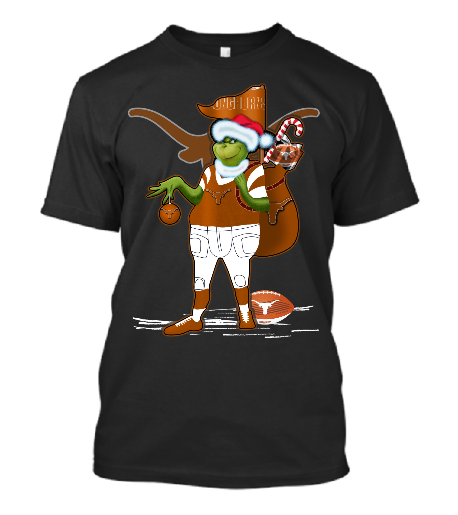 Grinchxmas Longhorns Santa Hat Football Candy Cane T-Shirt