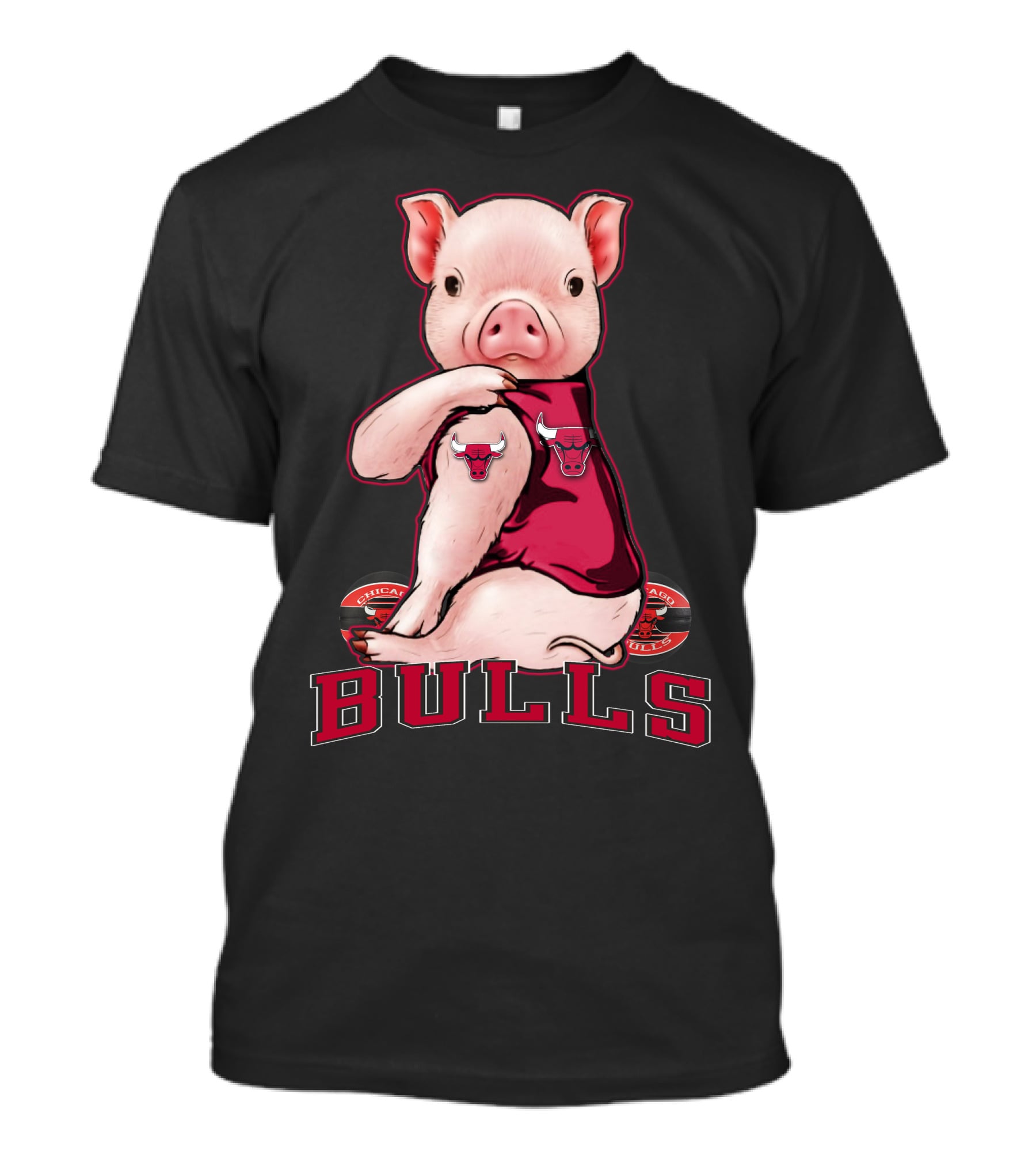 Pig With Chicago Bulls Logo On Jersey And Bulls Emblem T-Shirt
