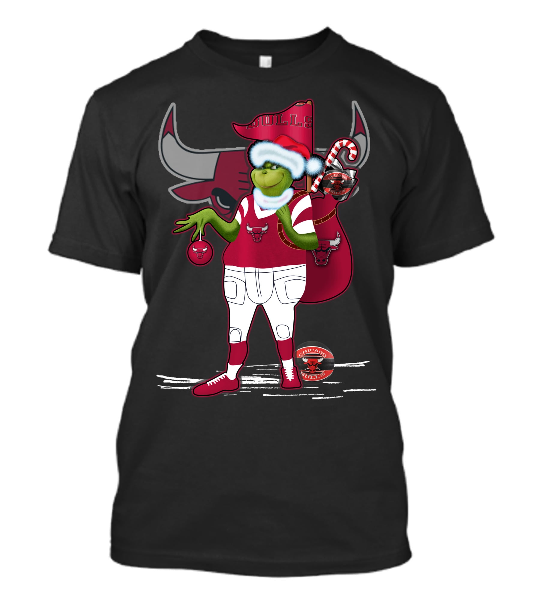 Grinchxmas Chicago Bulls Holiday Character With Santa Hat And Candy Cane T-Shirt