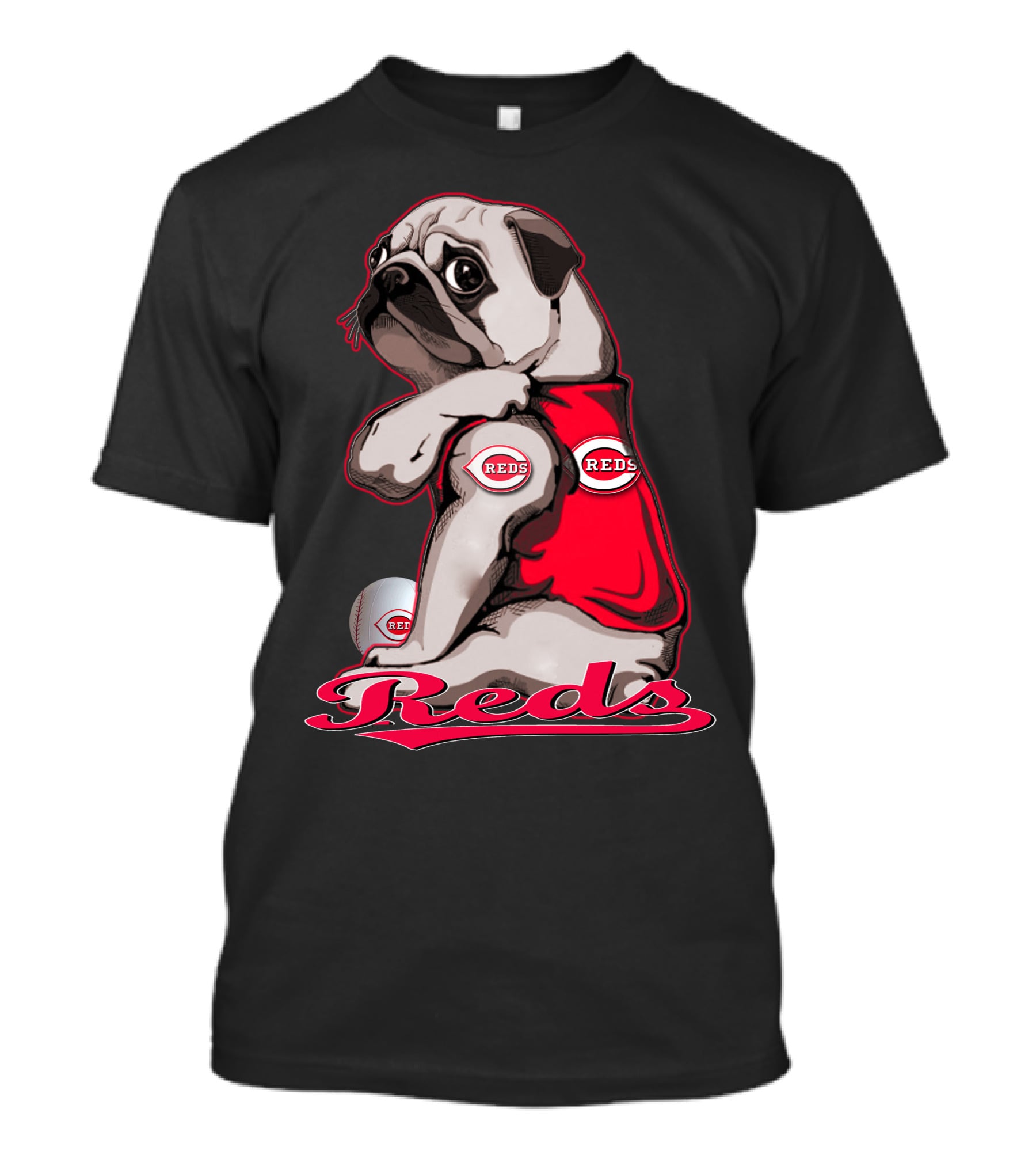 Pug Wearing Cincinnati Reds Jersey With Baseball T-Shirt
