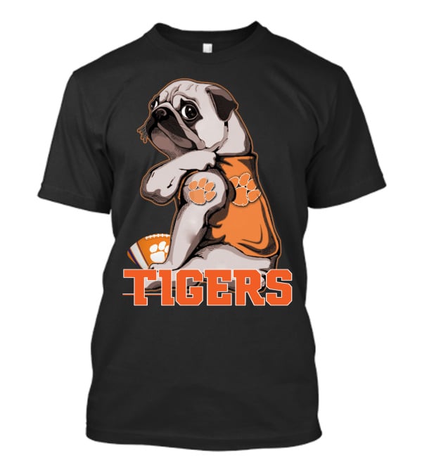 Pug Wearing Clemson Tigers Jersey With Paw Prints Football T-Shirt