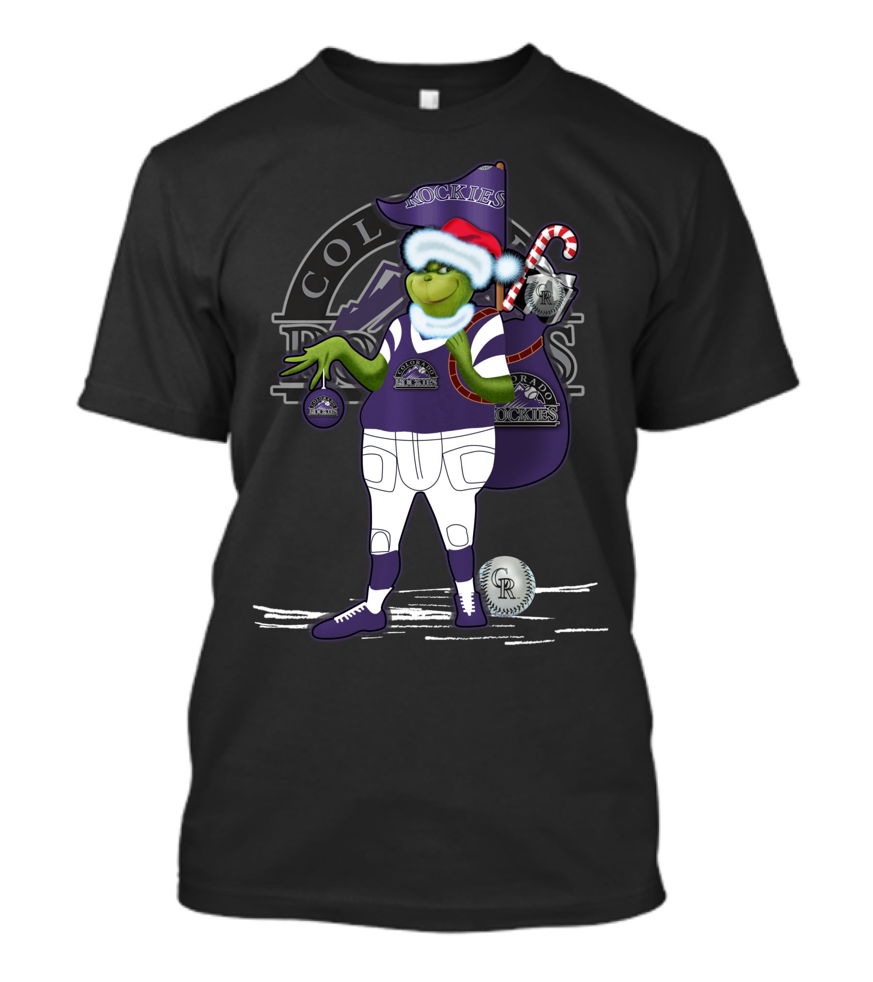 Grinchxmas Colorado Rockies Santa Grinch With Baseball Gear And Candy Cane T-Shirt