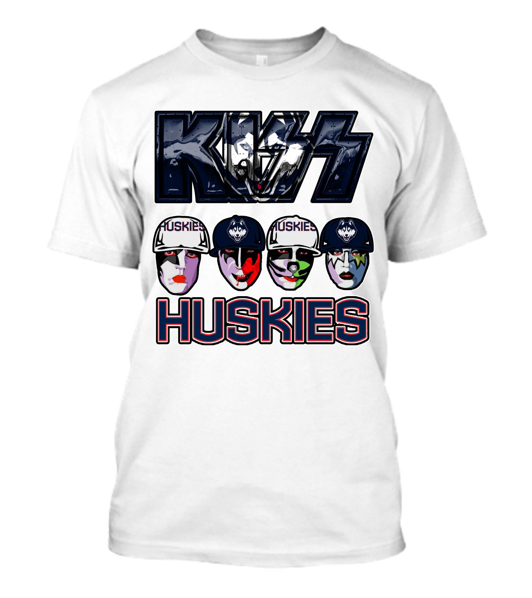 Kiss Band Style Logo With Connecticut Huskies Faces And Hats T-Shirt