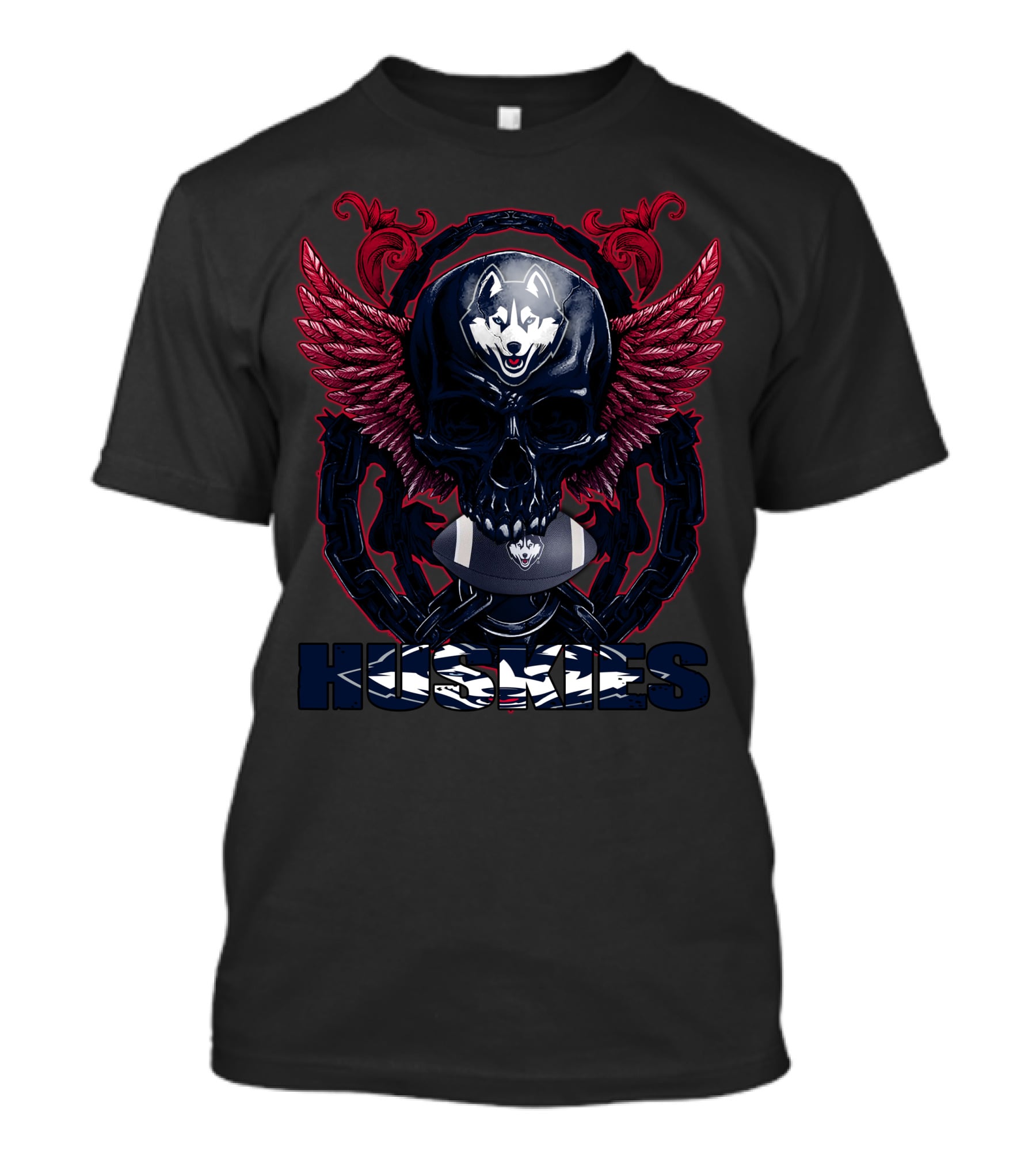 Huskies Skullfb Connecticut Winged Skull With Husky T-Shirt