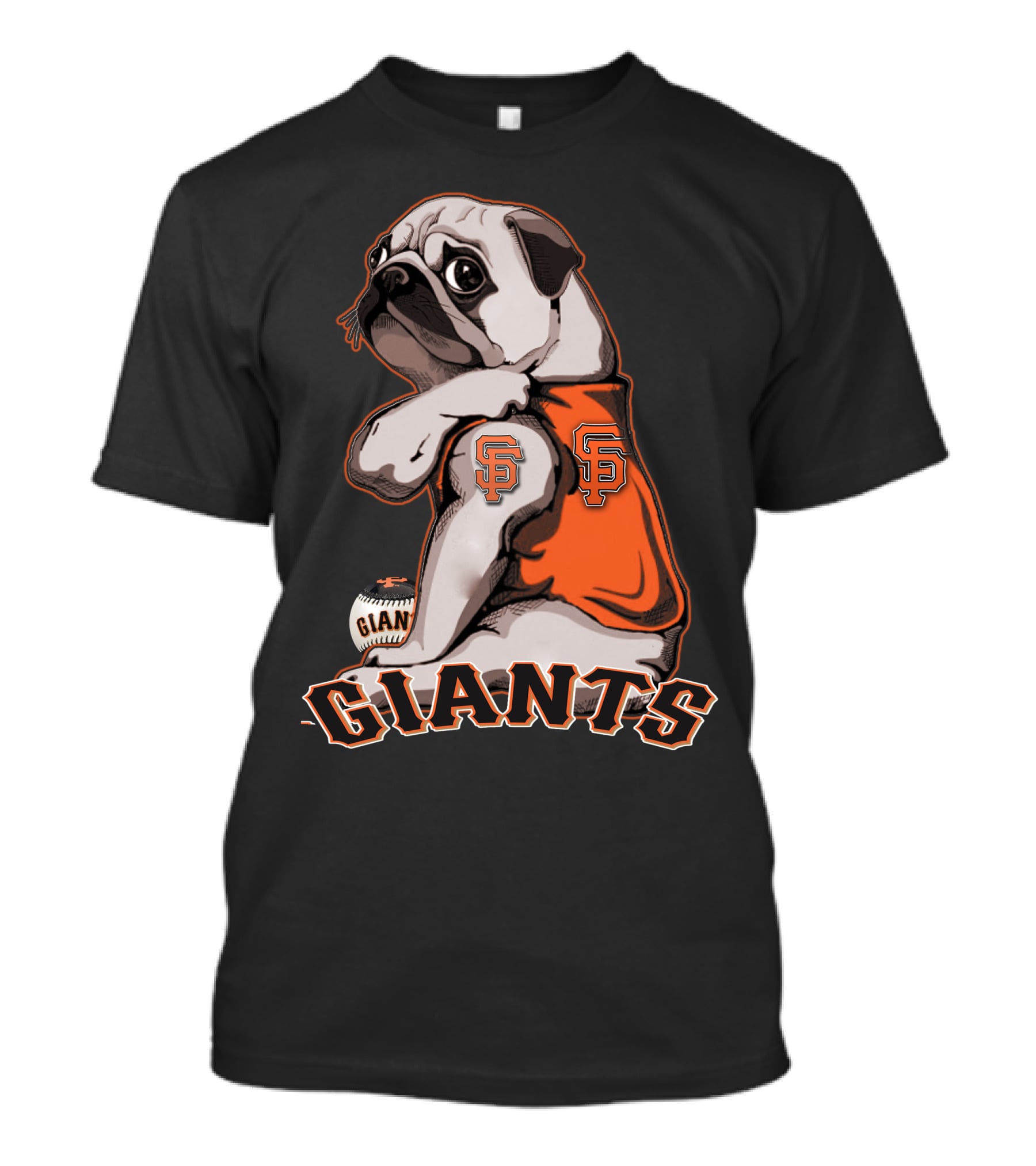 Pug In San Francisco Giants Orange Jersey With Logo And Baseball T-Shirt