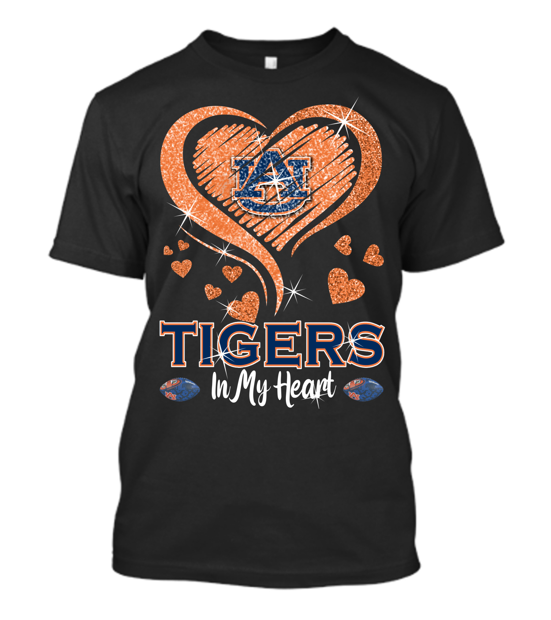 Tigers In My Heart Auburn University Logo With Glitter Hearts T-Shirt