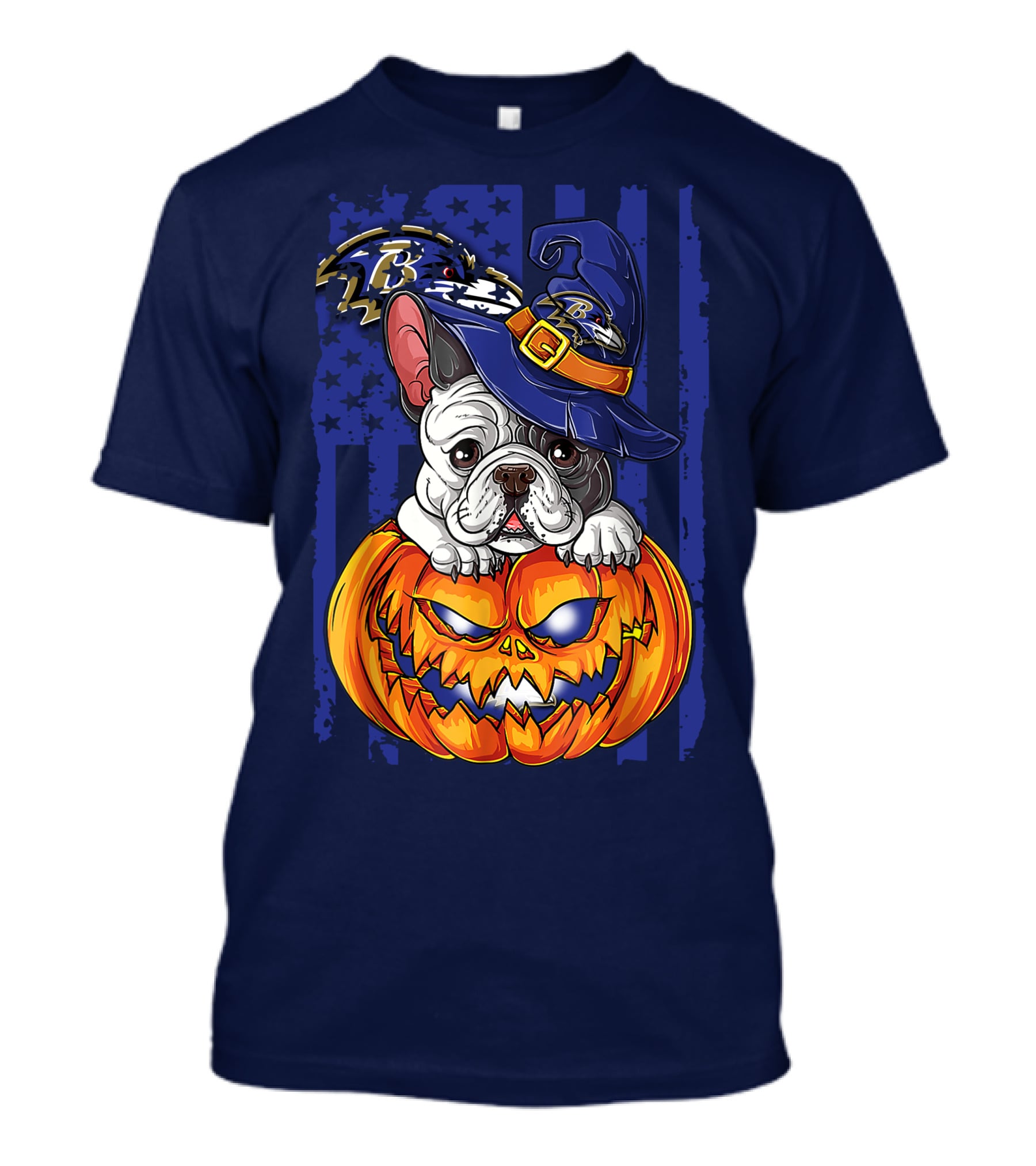 Bulldog In Wizard Hat On Jack-o'-Lantern With Baltimore Ravens T-Shirt