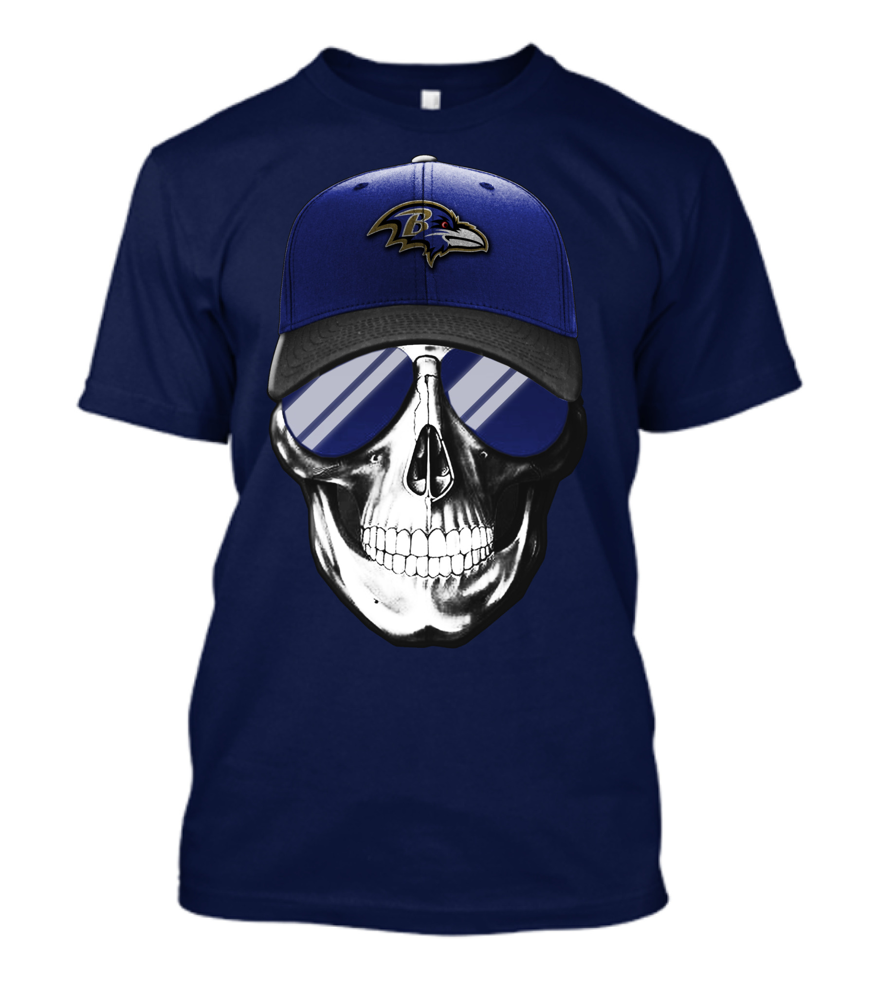 Skull With Baltimore Ravens Cap And Sunglasses T-Shirt
