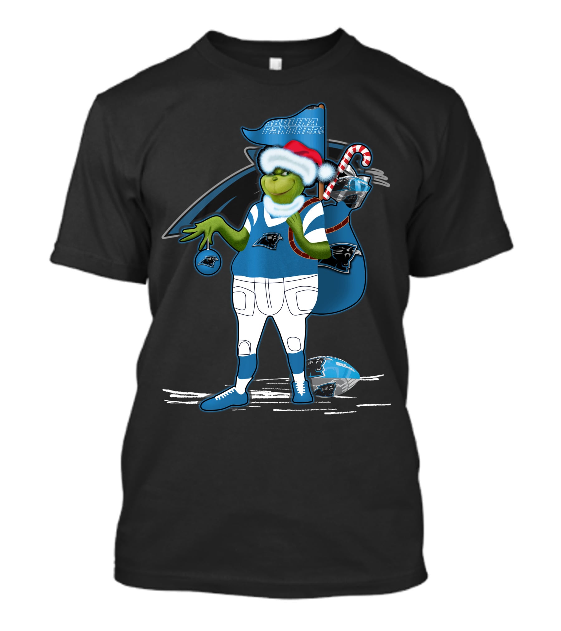 Grinchxmas Carolina Panthers Holiday Character In Team Gear Festive Football Santa Hat T-Shirt