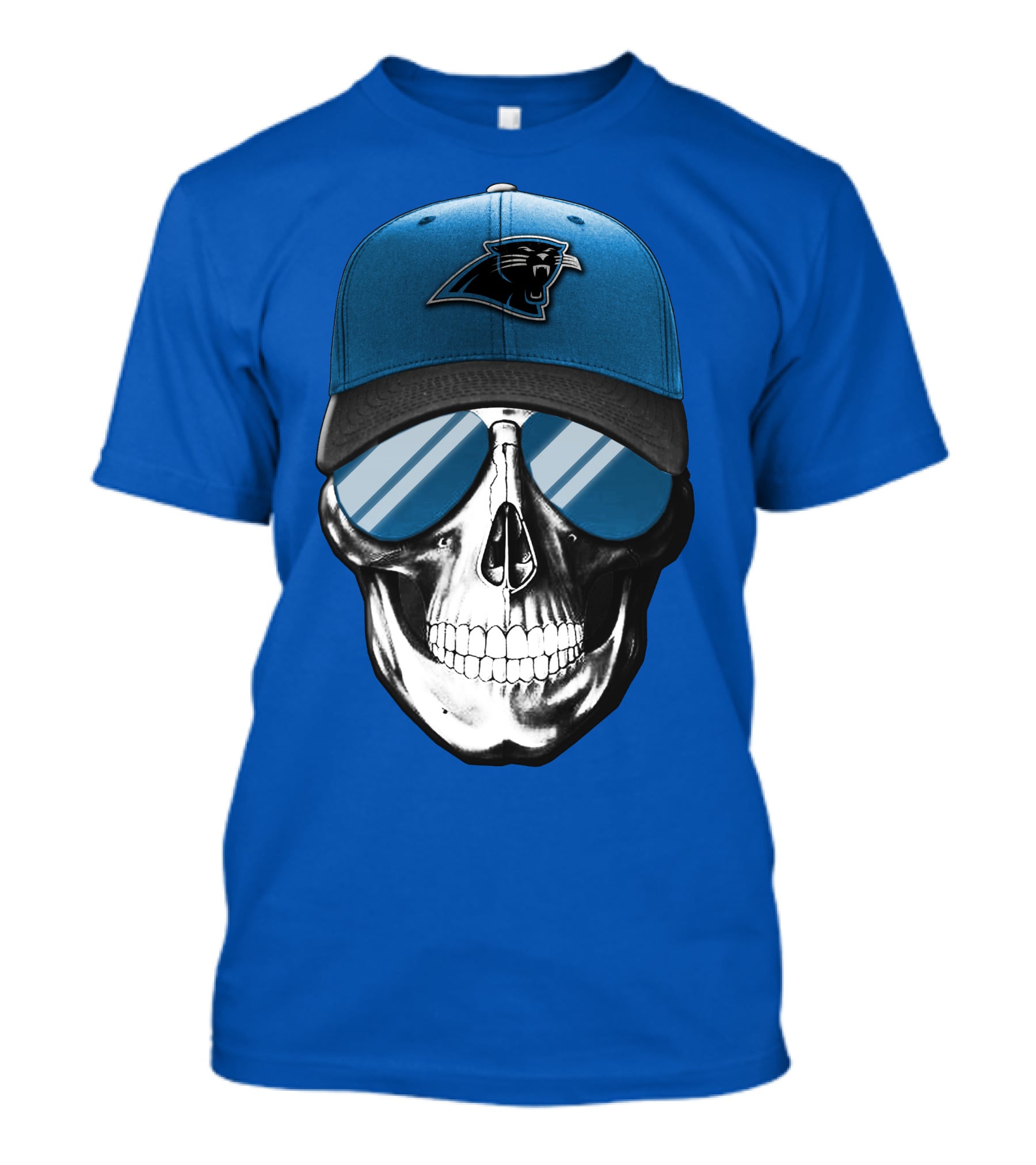 Skull Wearing Carolina Panthers Logo Hat With Reflective Sunglasses T-Shirt