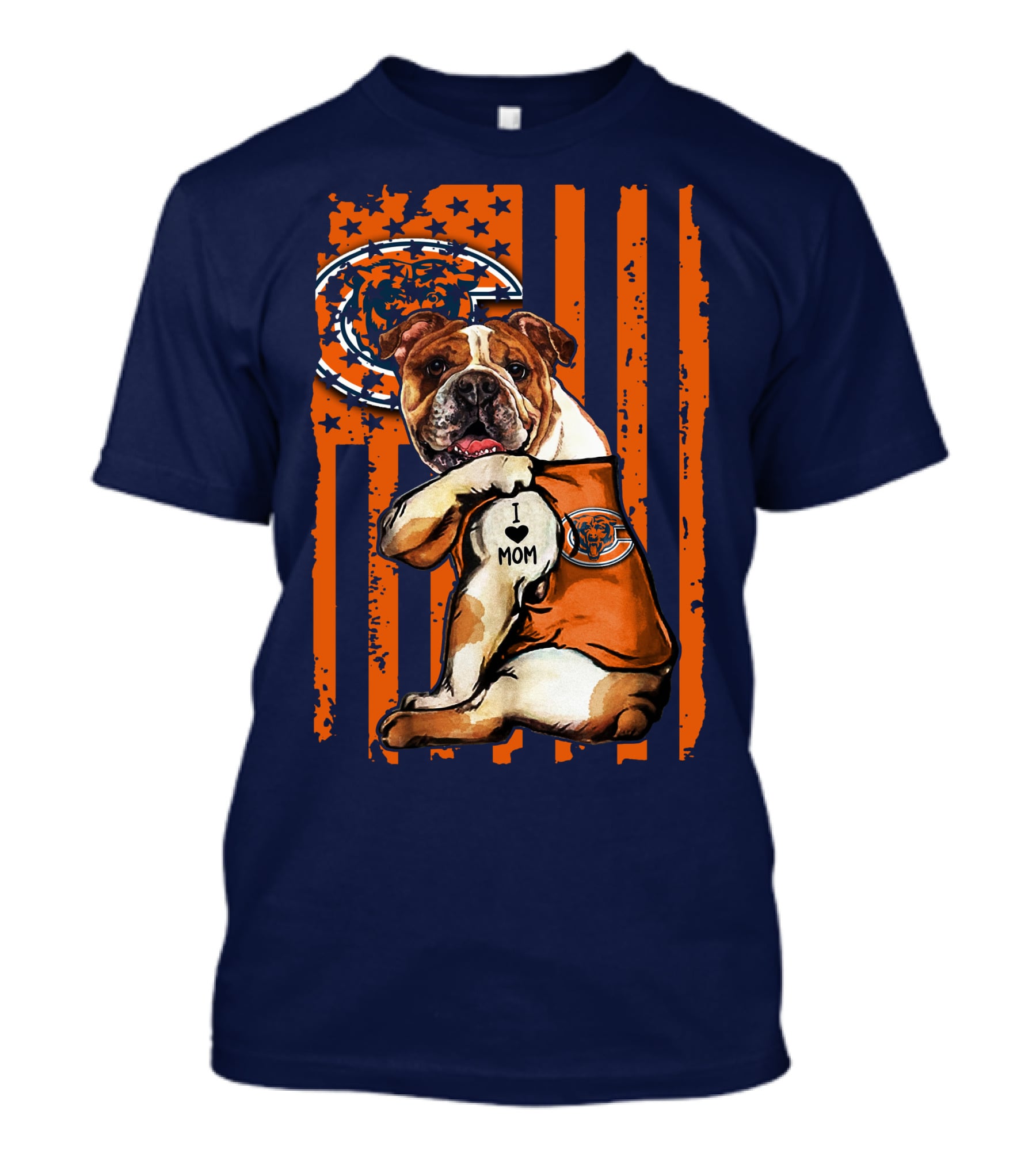 Bulldog I Love Mom Chicago Bears Orange And Blue Stripes T-Shirt