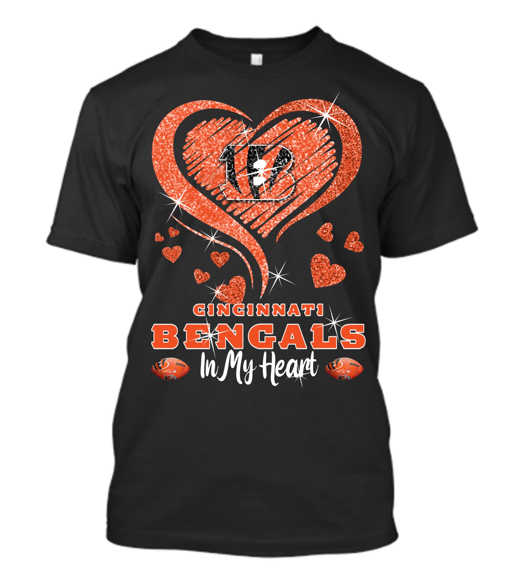 Cincinnati Bengals In My Heart Sparkling Heart Design With Glitter And Football Elements T-Shirt