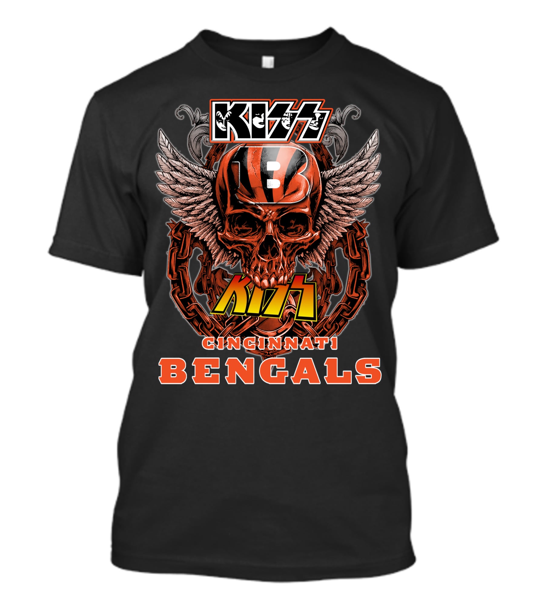 Kiss Cincinnati Bengals Skull Wings And Chains T-Shirt