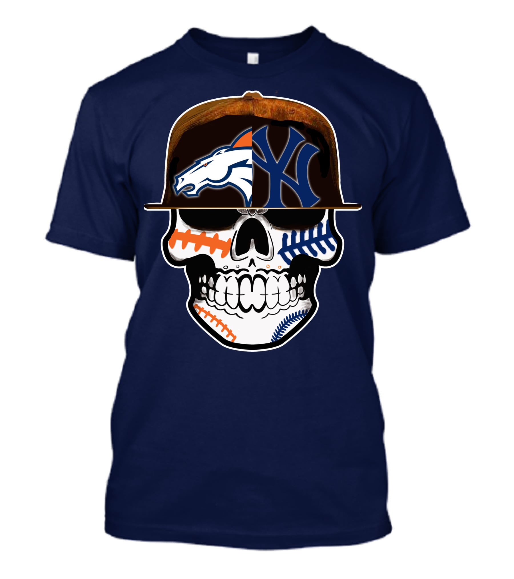 Denver Broncos New York Yankees Skull Sports Fusion T-Shirt