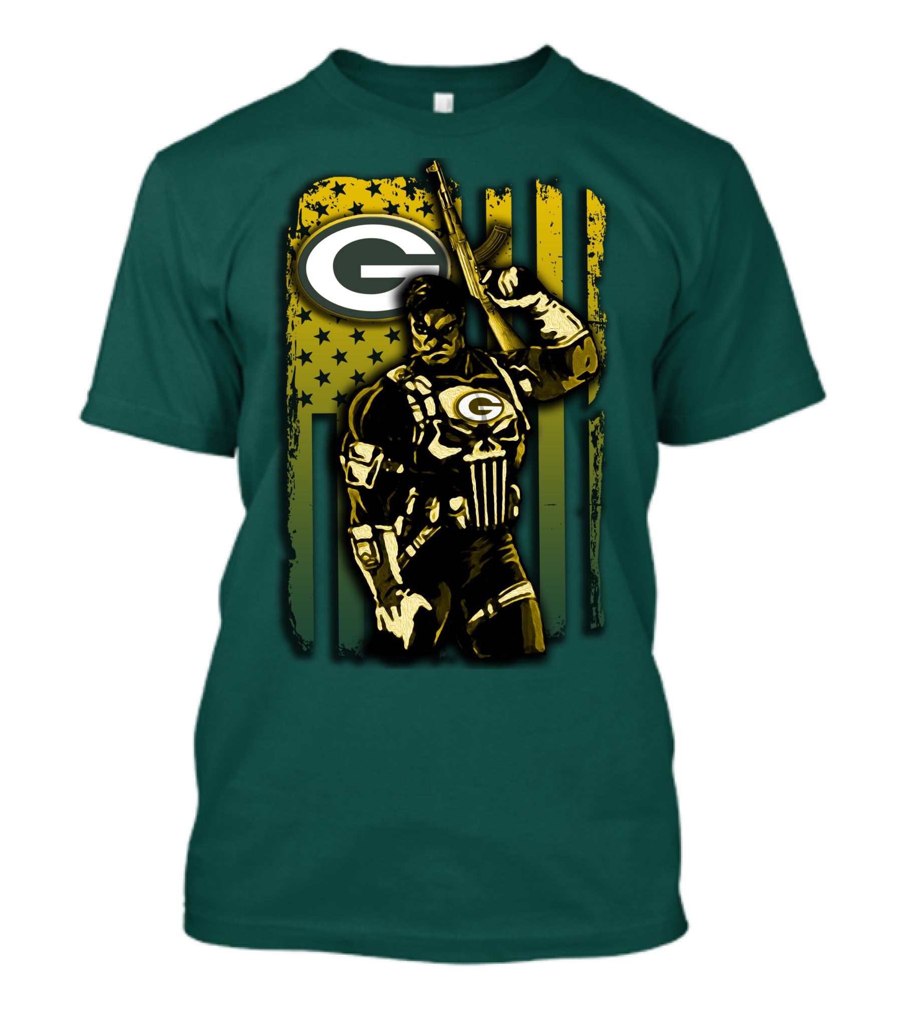 Green Bay Packers Soldier With Rifle And American Flag T-Shirt
