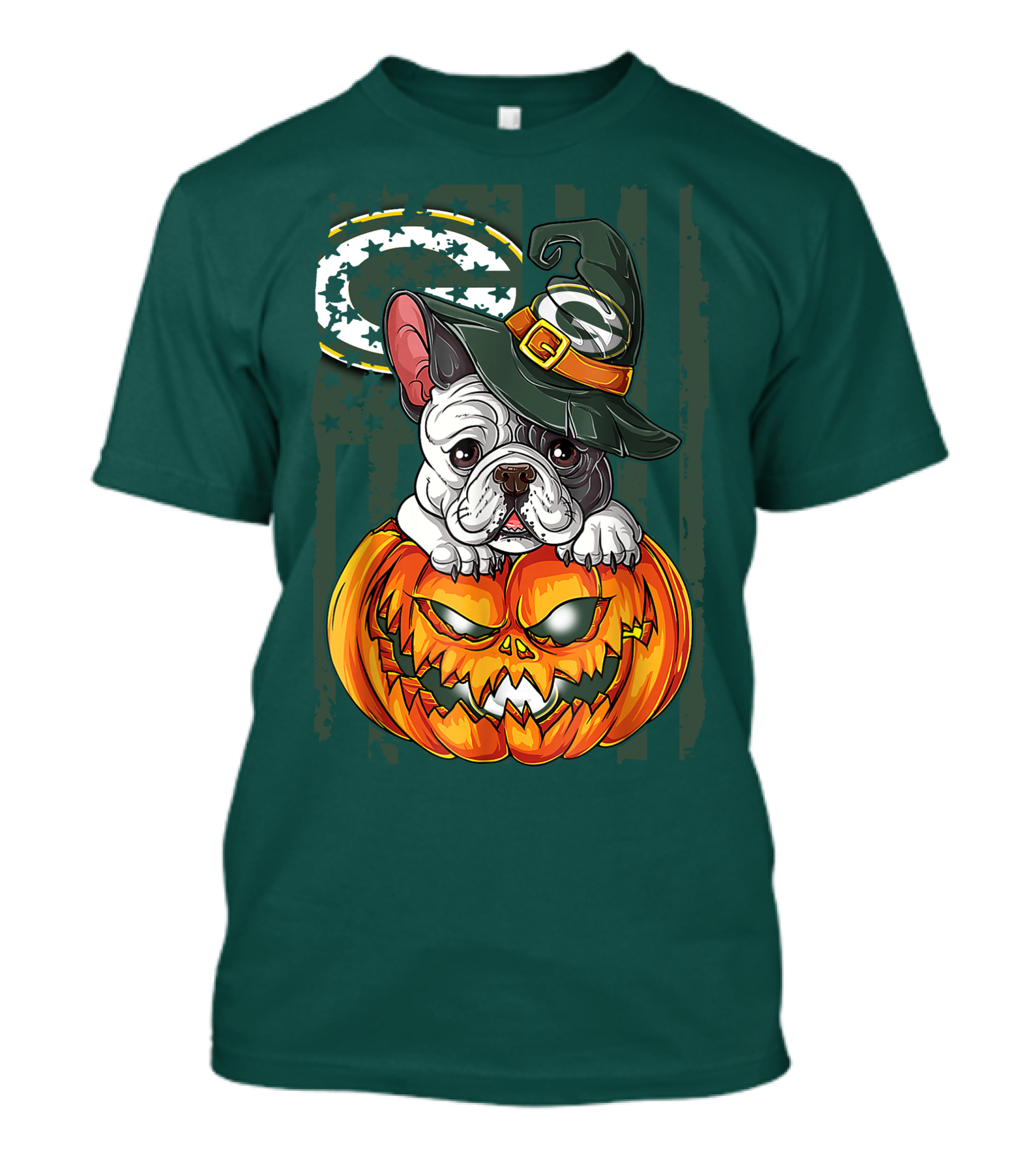 Hlw Bulldog Halloween Witch Green Bay Packers Pumpkin T-Shirt