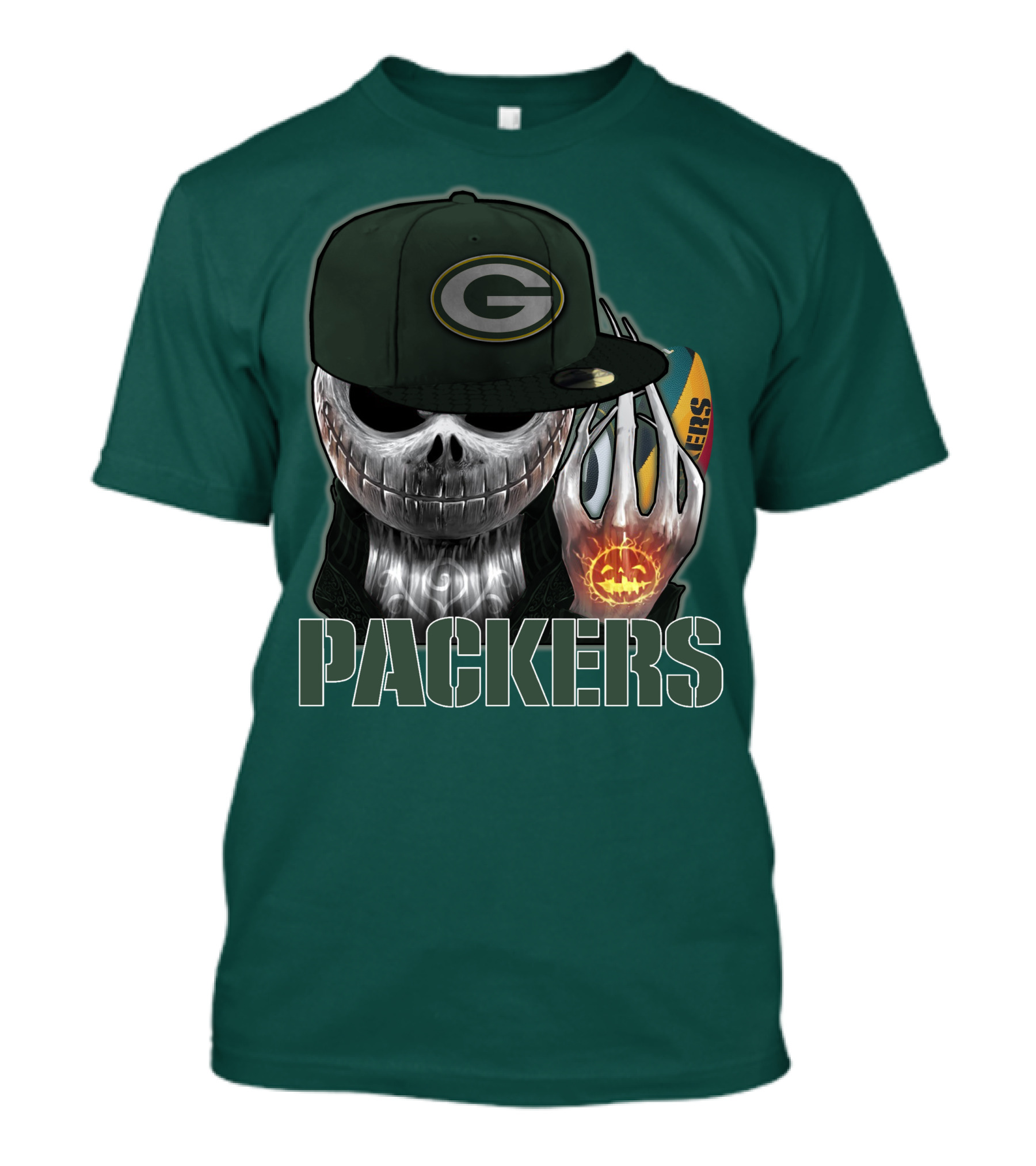 Jackskull Green Bay Packers Halloween Theme Packers Fan Skull T-Shirt