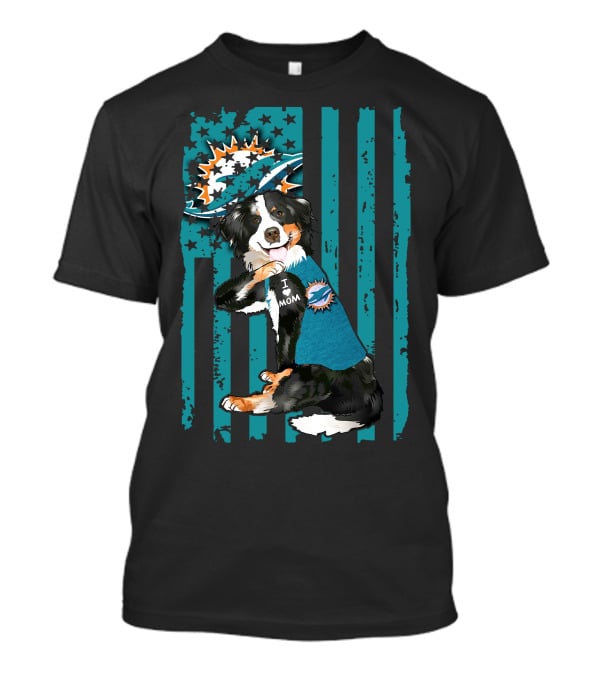 Border Collie I Love Mom Wearing Miami Dolphins Fan Shirt With Flag T-Shirt