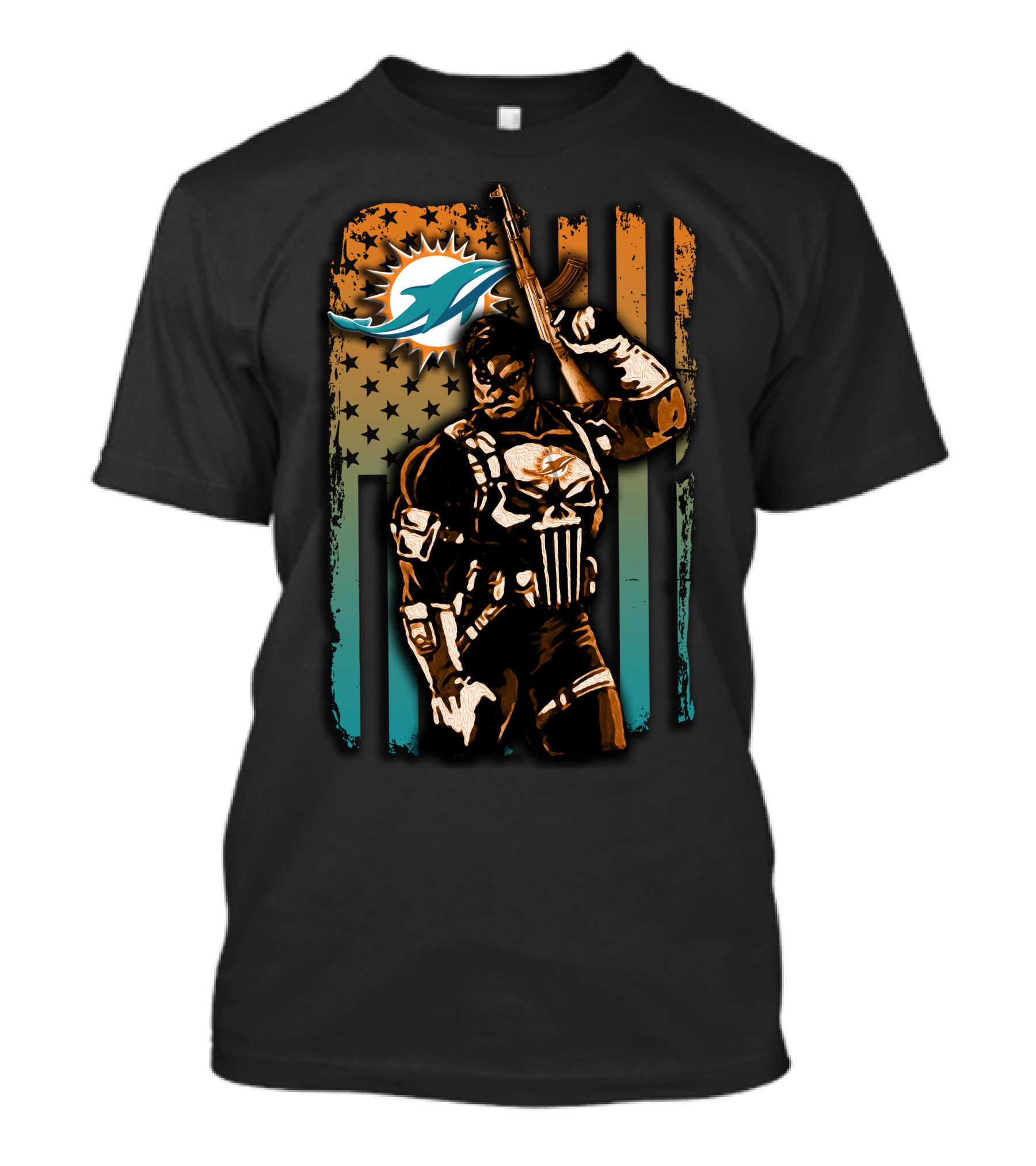 Miami Dolphins 48 Punisher Stars Stripes Crossover T-Shirt