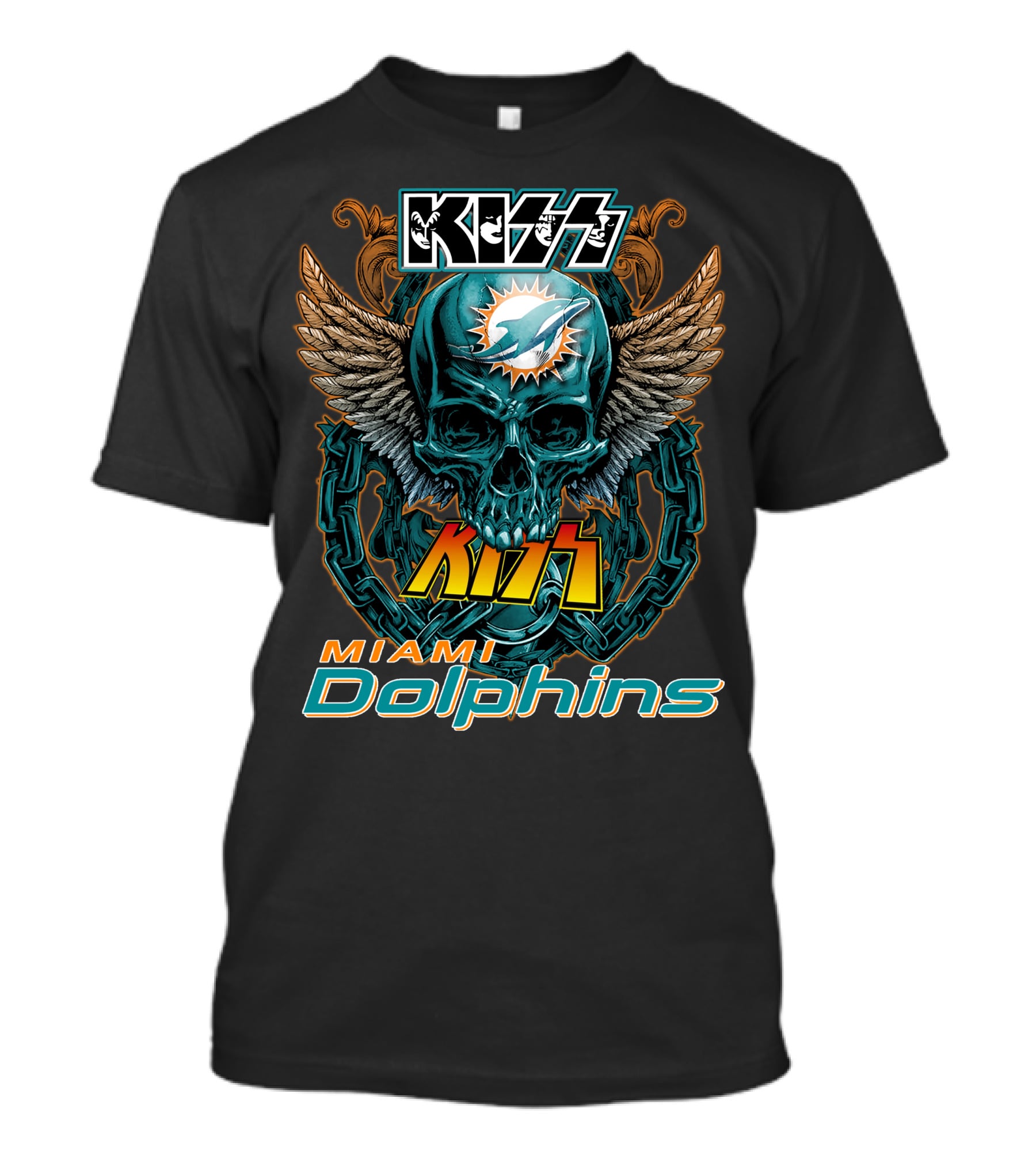 Kiss Miami Dolphins Skull Art With Wings And Chains T-Shirt