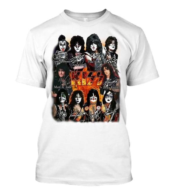 Kiss Band Members Gene Simmons Paul Stanley Peter Criss Ace Frehley Eric Carr Vinnie Vincent Mark St. John Bruce Kulick Eric Singer Thayer Signatures T-Shirt