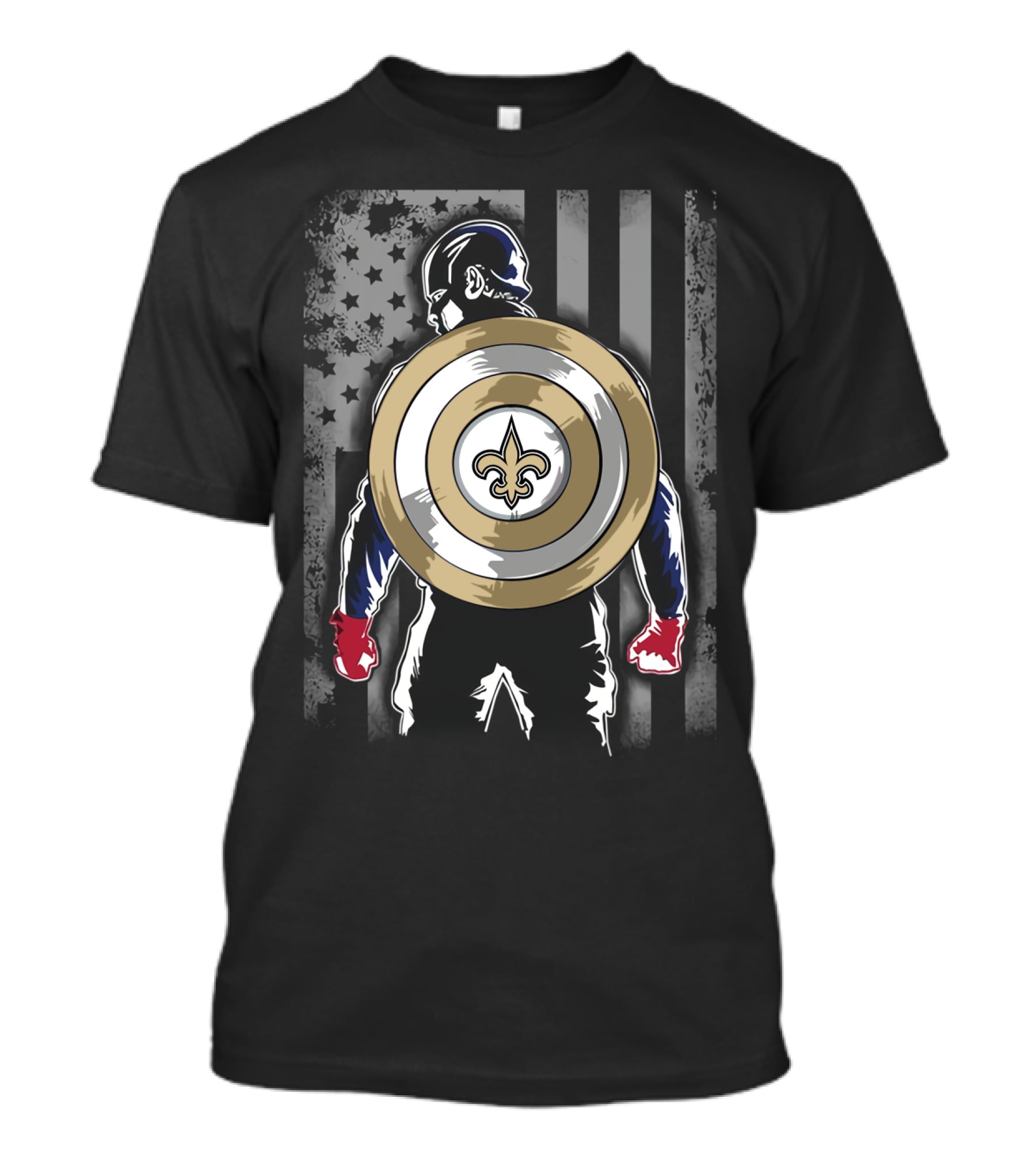 New Orleans Saints Captain America Shield Fleur-de-Lis American Flag Hero T-Shirt
