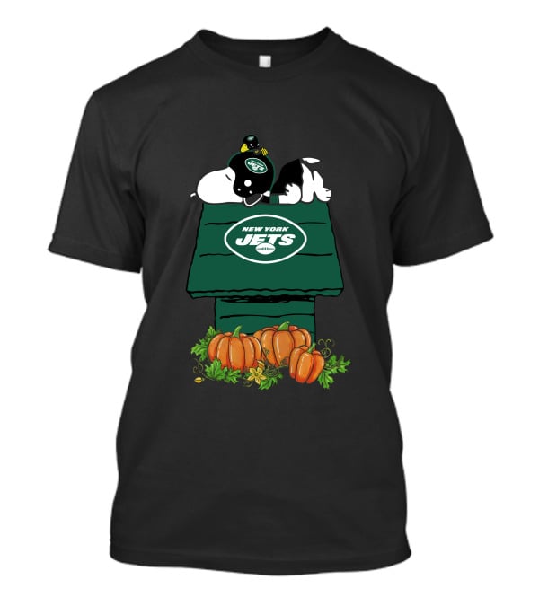 New York Jets Snoopy Resting On Pumpkin Doghouse T-Shirt