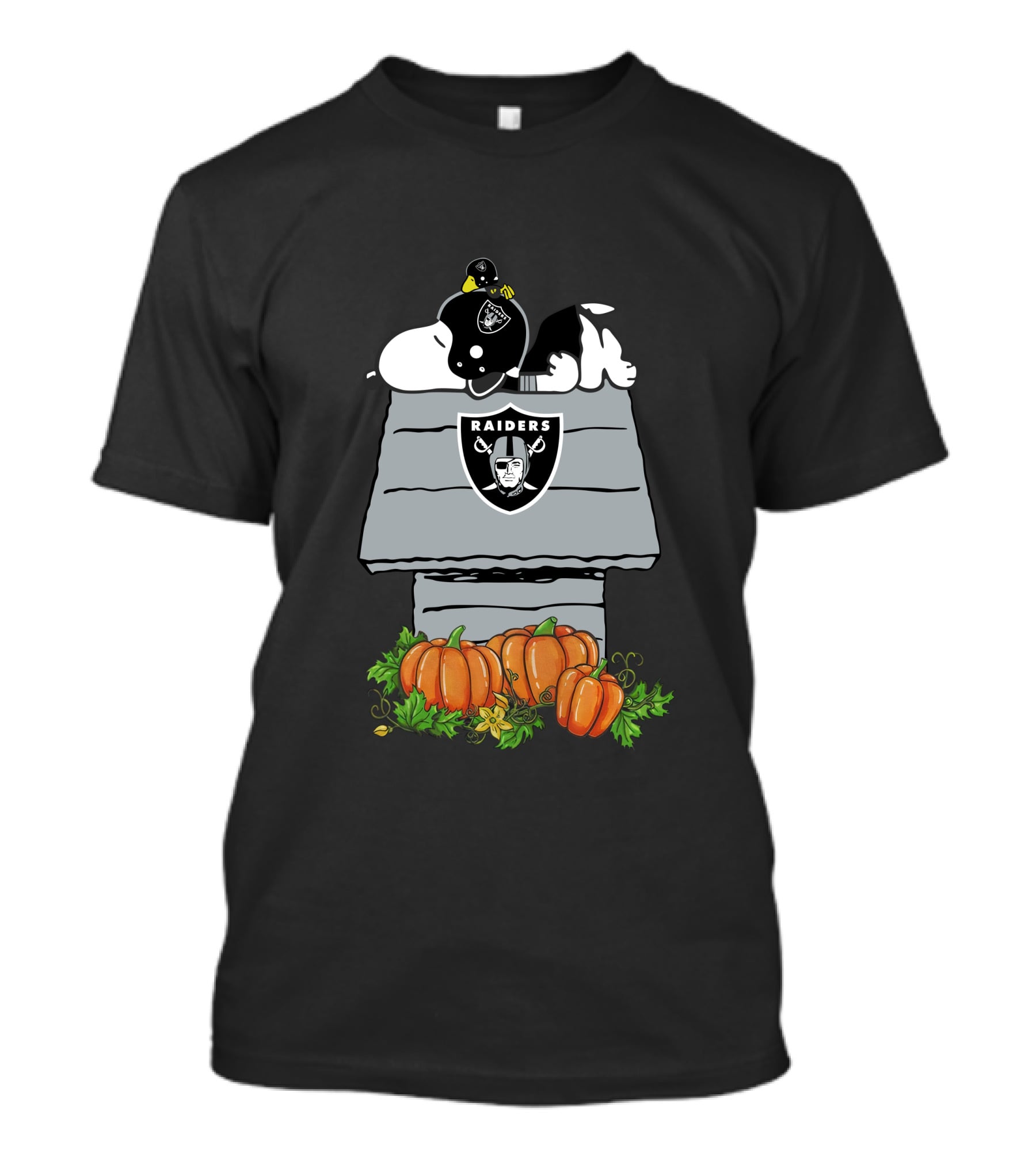 Oakland Raiders Snoopy Doghouse With Helmet And Pumpkins T-Shirt
