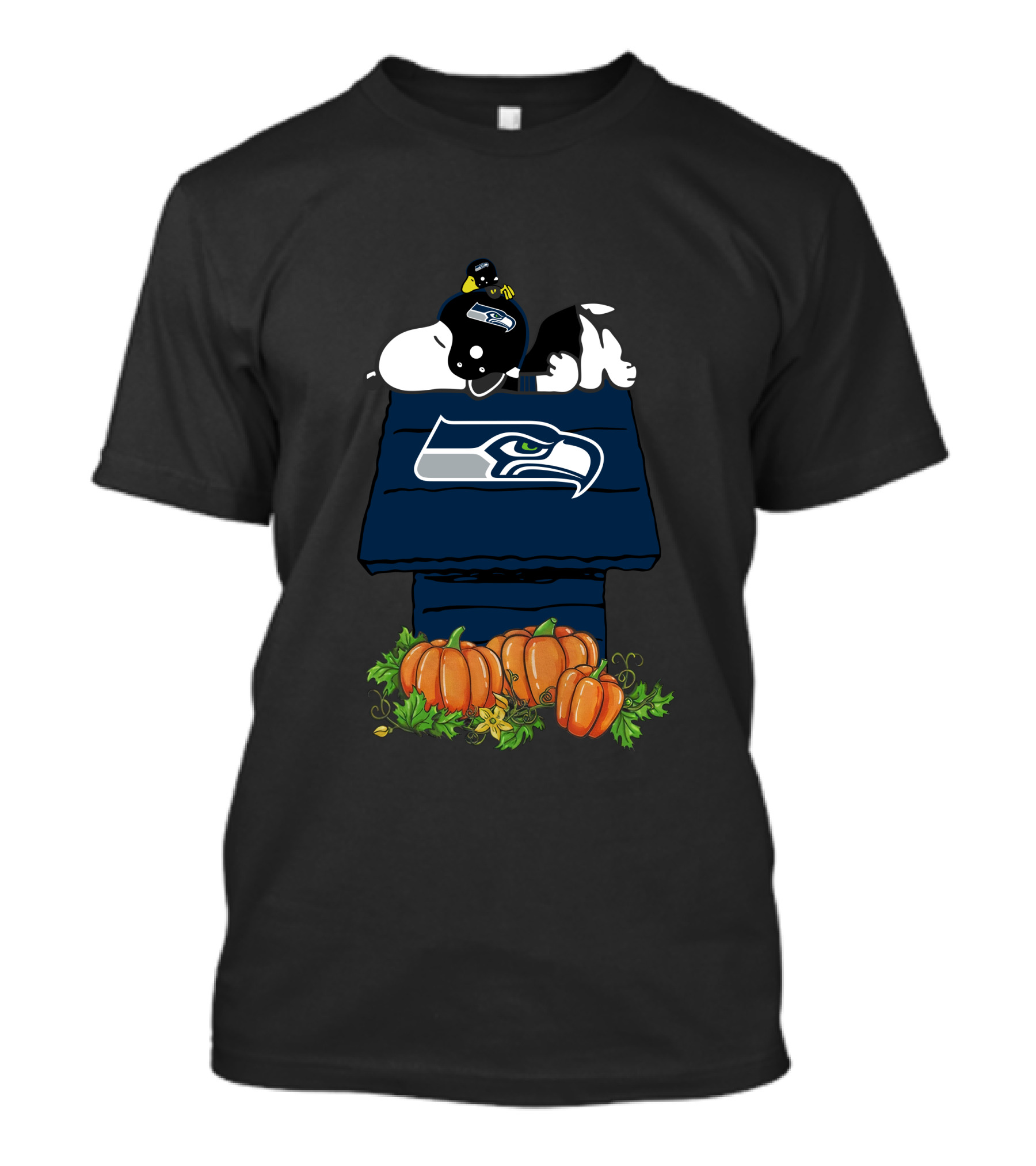 Seattle Seahawks Snoopy Doghouse Halloween Pumpkins T-Shirt