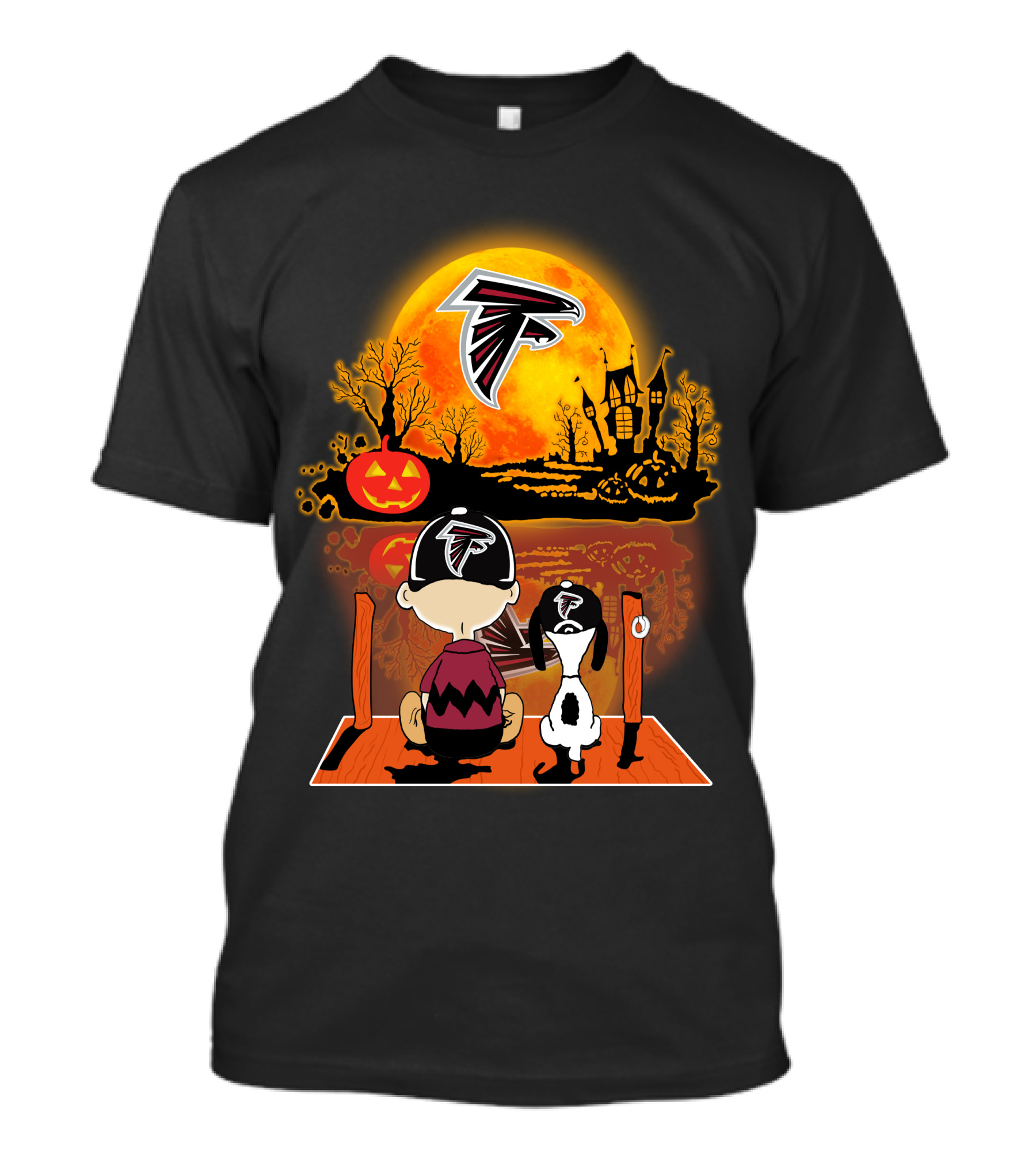 Atlanta Falcons Snoopy And Charlie Brown Halloween Pumpkin Moon Scene T-Shirt