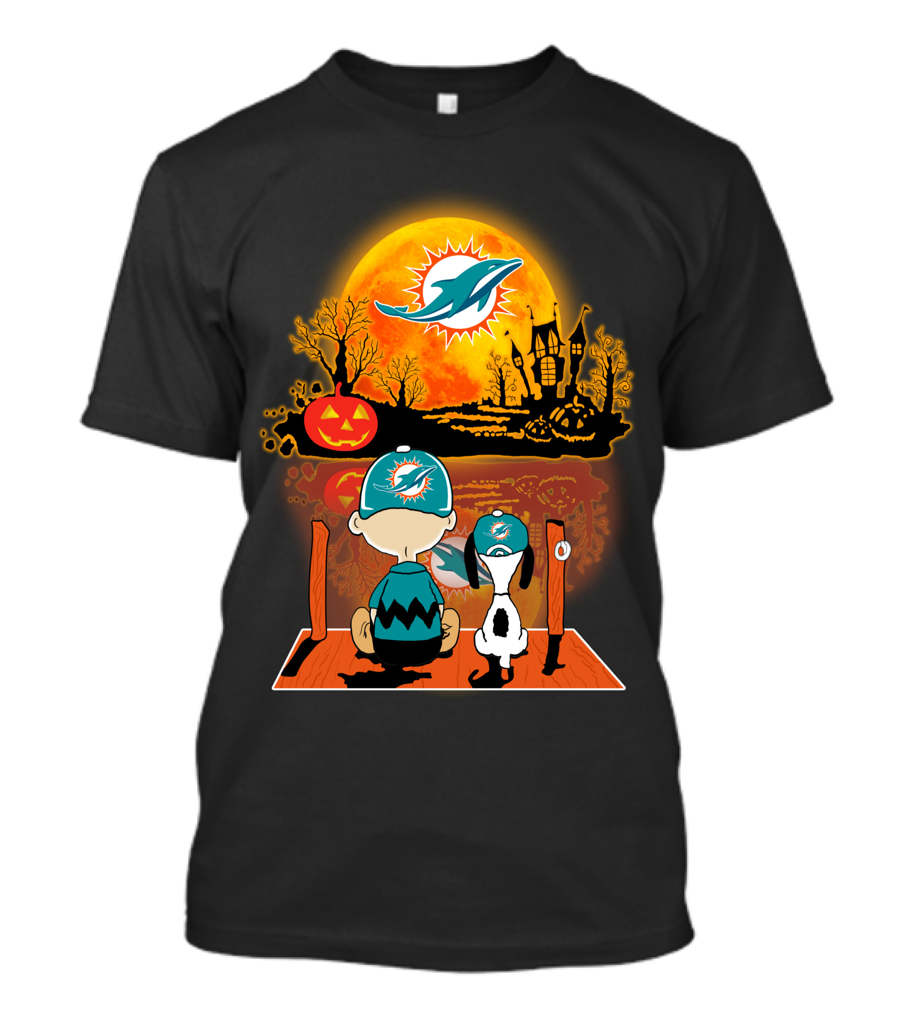 Miami Dolphins Snoopy And Charlie Brown Halloween Pumpkin Moon T-Shirt