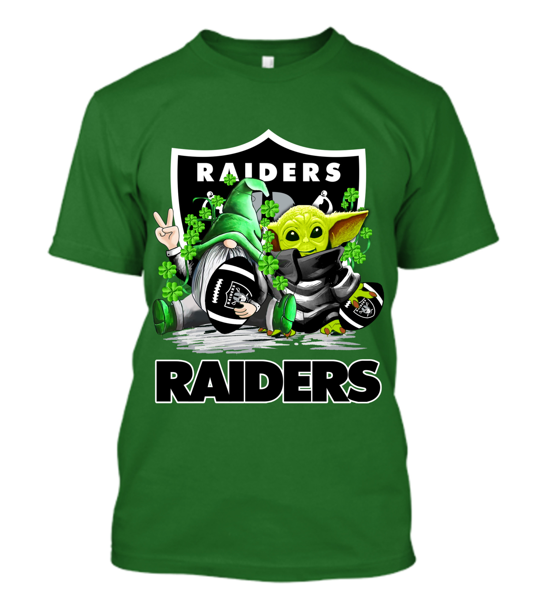 Raiders St. Patrick’s Day Football Gnome And Baby Alien With Clover Footballs T-Shirt