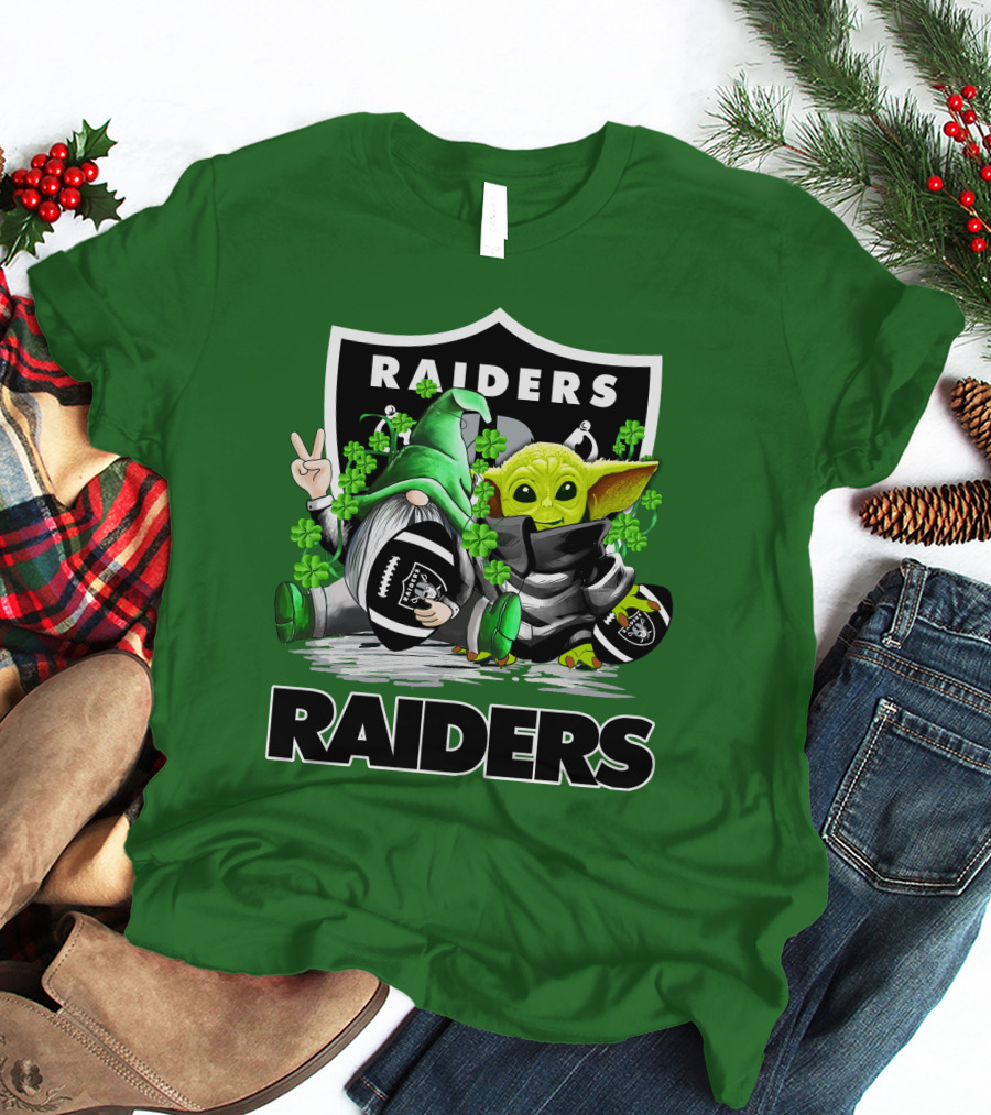 Raiders St. Patrick’s Day Football Gnome And Baby Alien With Clover Footballs T-Shirt