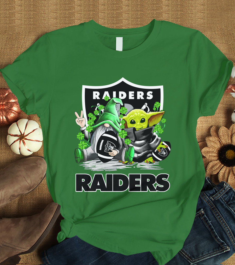 Raiders St. Patrick’s Day Football Gnome And Baby Alien With Clover Footballs T-Shirt