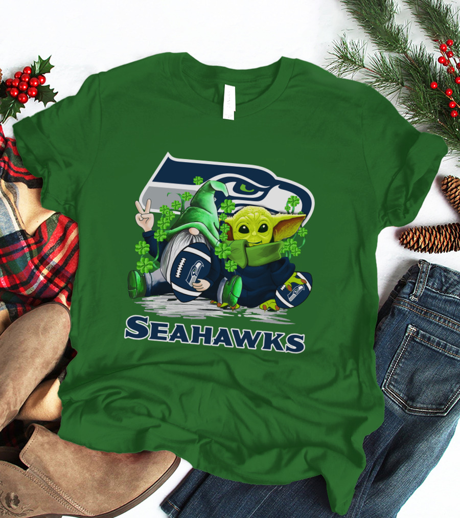 Seattle Seahawks St. Patrick's Day Gnome And Baby Yoda Football T-Shirt