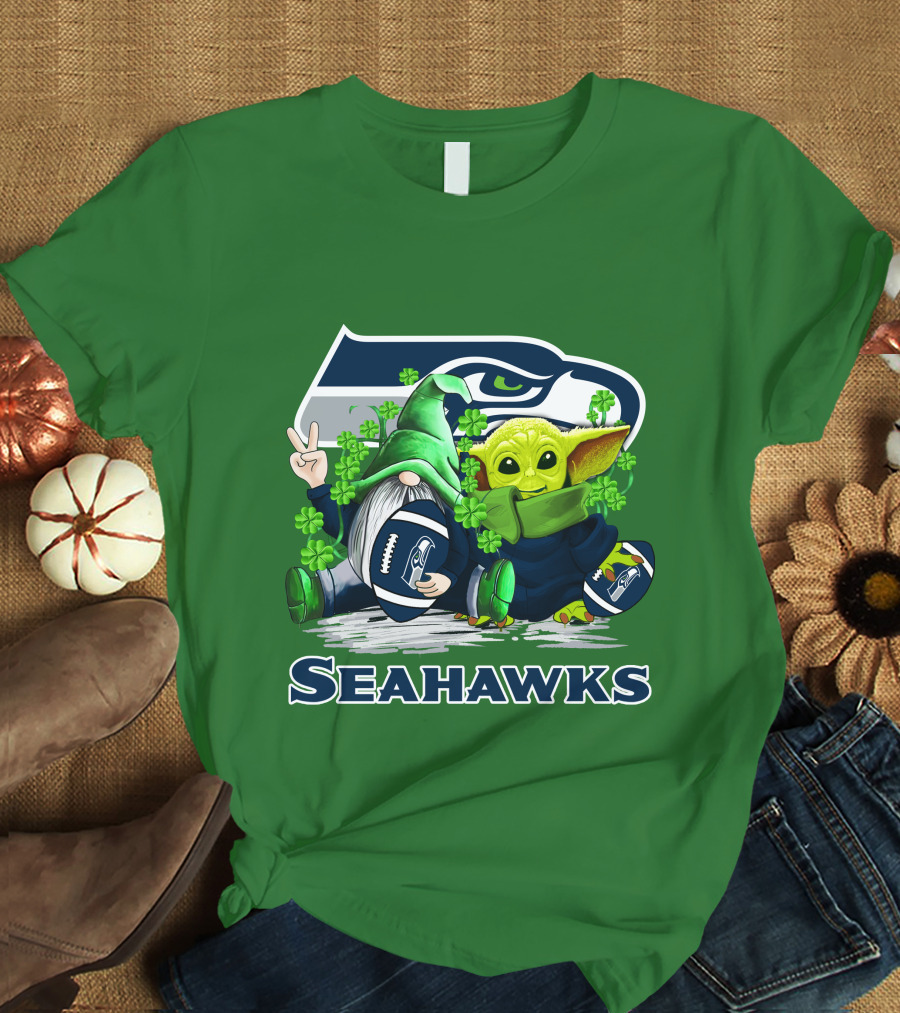 Seattle Seahawks St. Patrick's Day Gnome And Baby Yoda Football T-Shirt