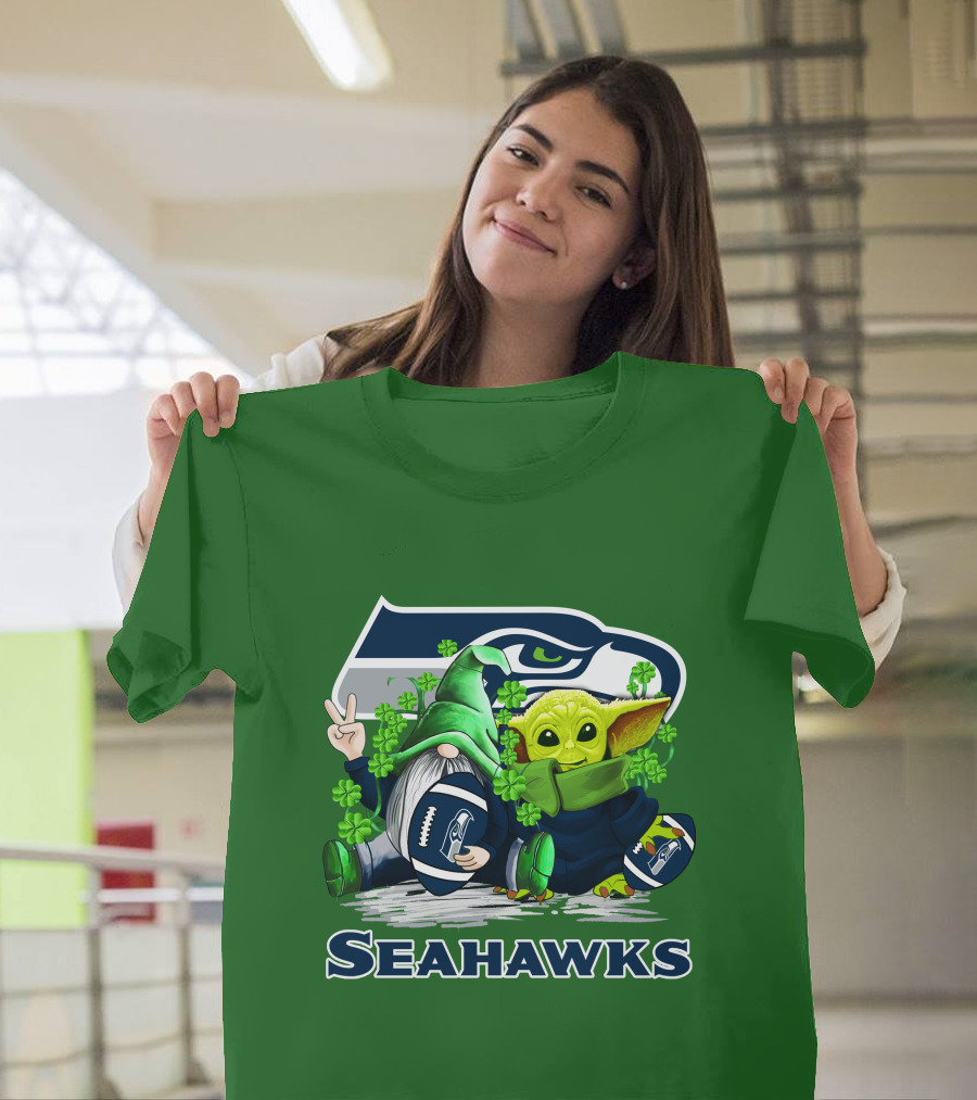 Seattle Seahawks St. Patrick's Day Gnome And Baby Yoda Football T-Shirt