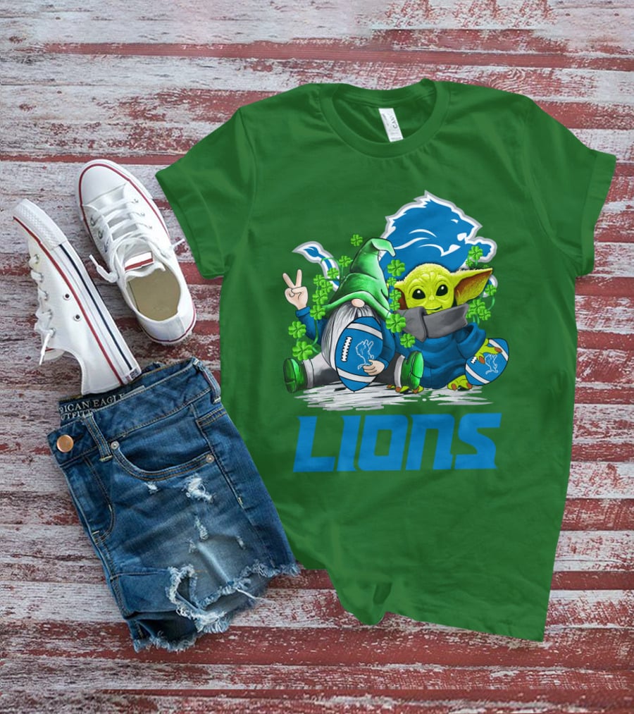 Detroit Lions St. Patrick's Day Gnome And Yoda Football T-Shirt