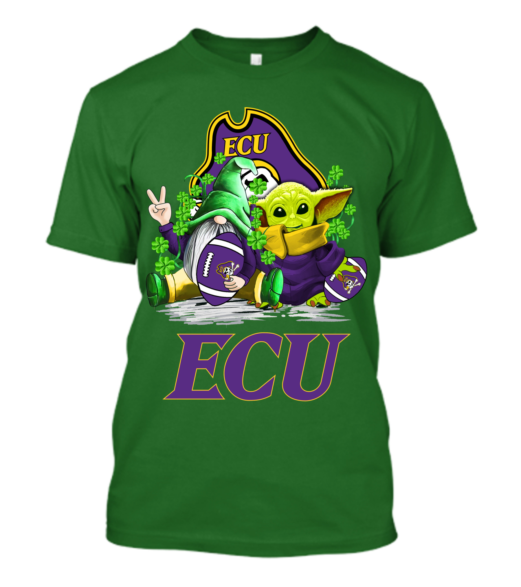 ECU East Carolina Pirates Football St. Patrick's Day Celebration With Gnome And Baby Alien T-Shirt