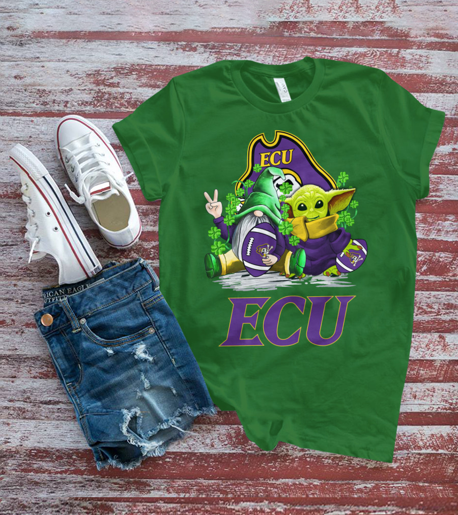 ECU East Carolina Pirates Football St. Patrick's Day Celebration With Gnome And Baby Alien T-Shirt
