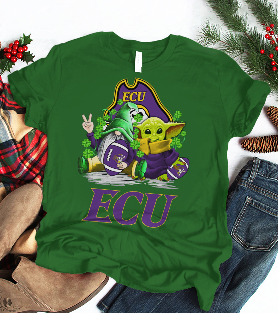 ECU East Carolina Pirates Football St. Patrick's Day Celebration With Gnome And Baby Alien T-Shirt